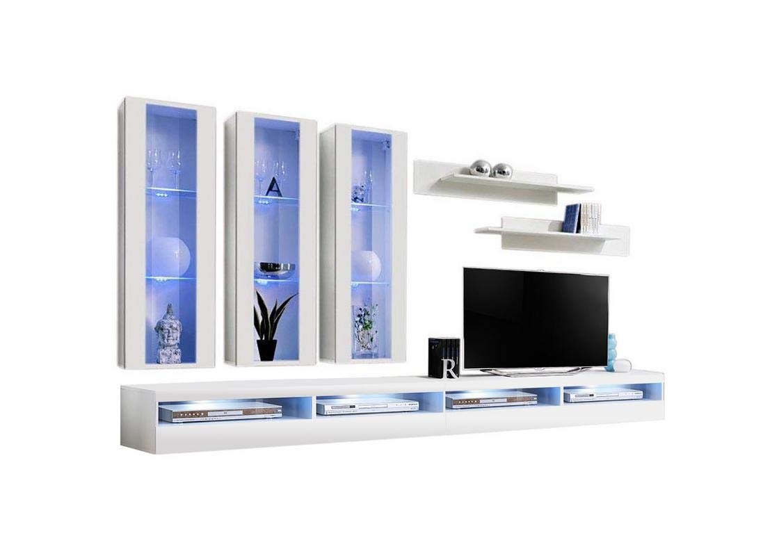Modern White Wall-Mounted TV Stand with Storage Shelves & LED Lights - Meble Furniture Fly E3 35