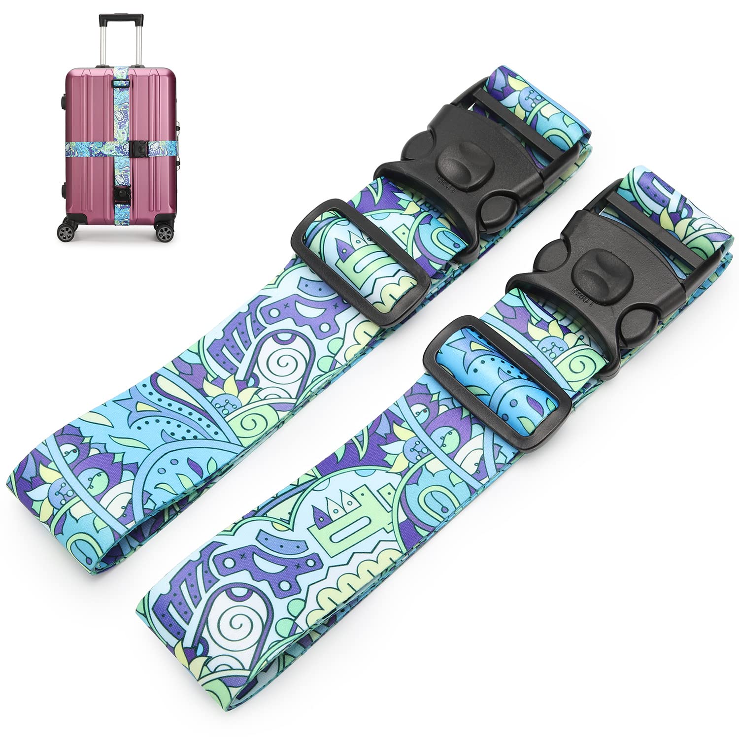 2 Pack 75'' x 2'' Adjustable Luggage Straps - Secure Travel Suitcase Belt with Heavy Duty Buckles for Airplane, Cruise & Train Trips - Blue Floral Design (Ideal for Organizing & Protecting Luggage During Travel)