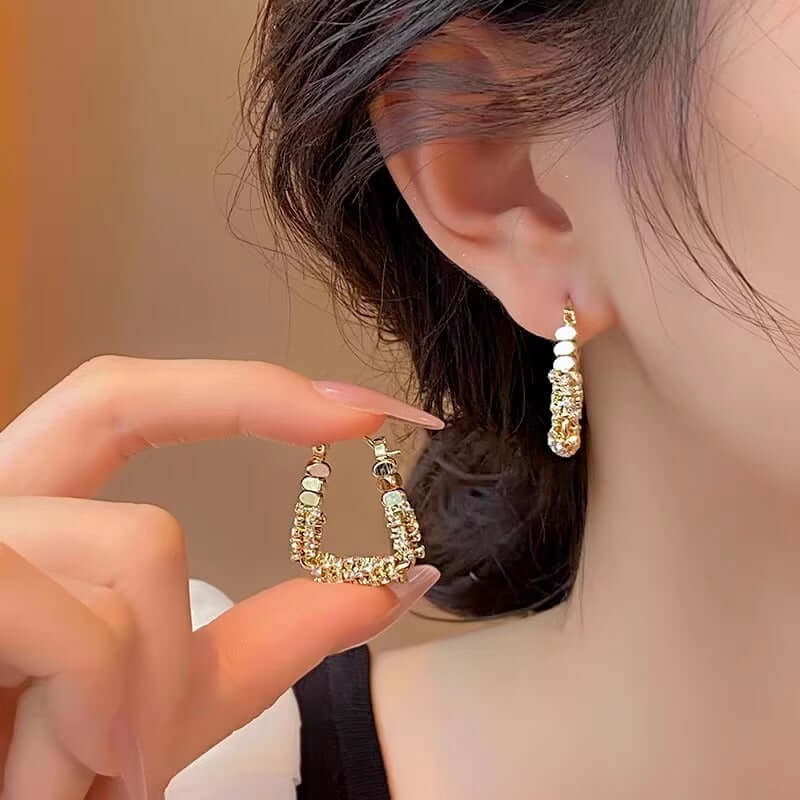 U Shaped Trillion Gold Beads Lever Back Hoop Earrings for Women | Elegant Party & Wedding Jewelry Gift | R1249