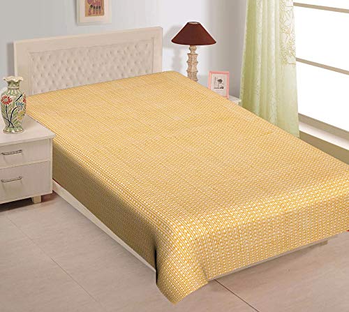 Handmade Indian Kantha Quilt - 100% Cotton Soft Block Print Throw Blanket for Bed, Sofa & Decor | Queen Size 90x108 Inch | Yellow | Perfect for Bedroom, Living Room & Cozy Home Decor