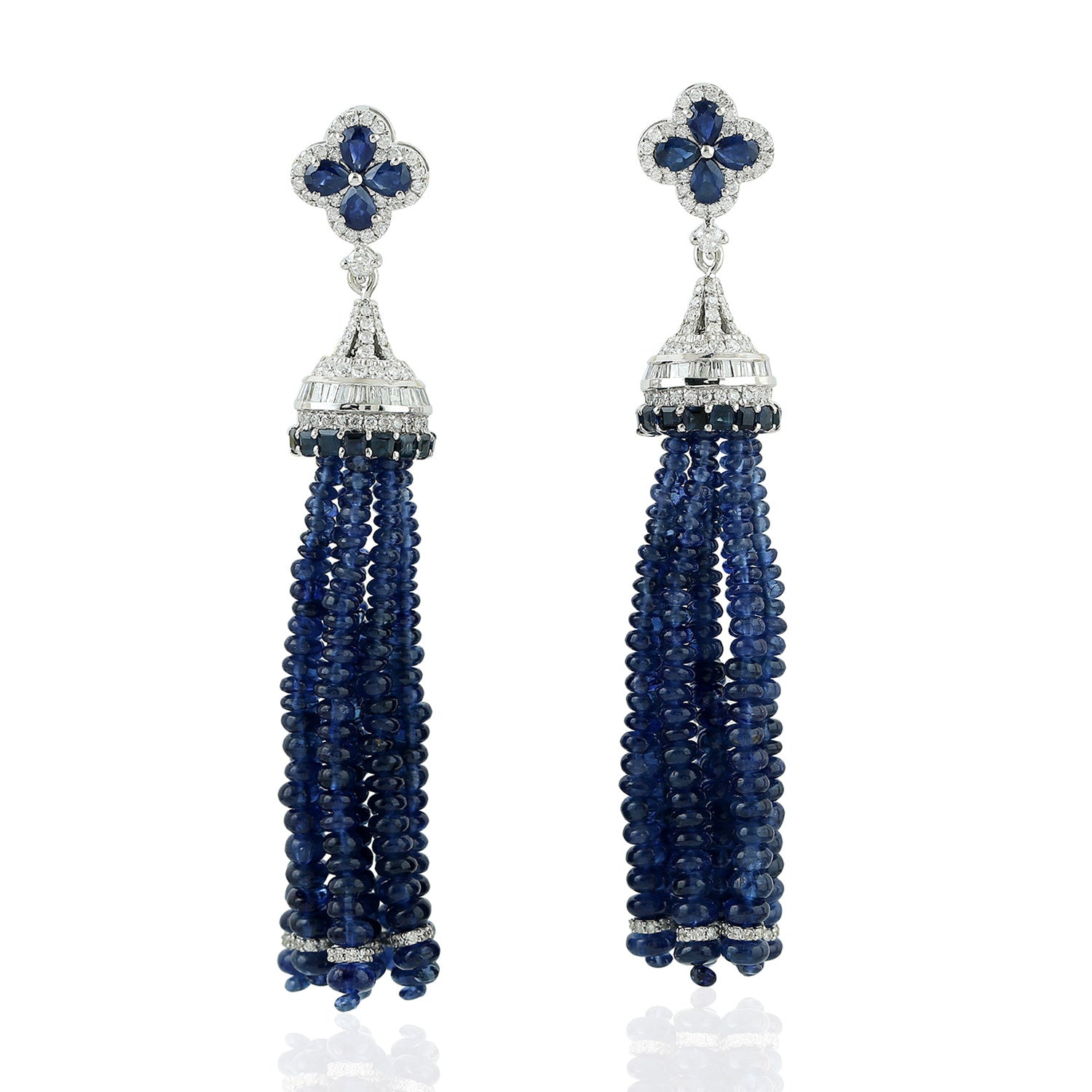 18K White Gold Faceted Blue Sapphire Beaded Pave Diamond Tassel Earrings | Elegant Dangle Jewelry for Weddings, Parties & Special Occasions
