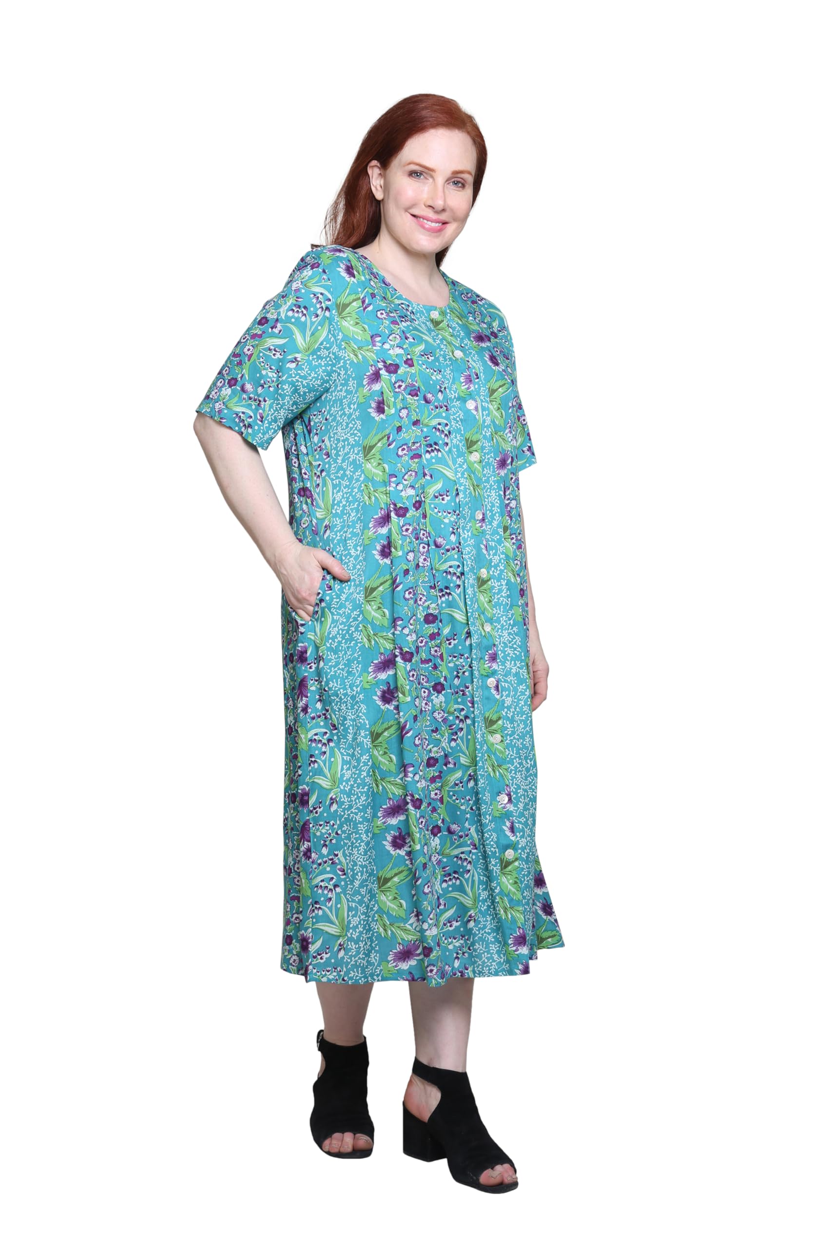 LA CERA Women's Plus Size Pleated Maxi Dress - 100% Rayon V-Neck Floral Print with Button Closure & Side Pockets | Casual Summer Dress for Beach, Vacation and Outdoor Events