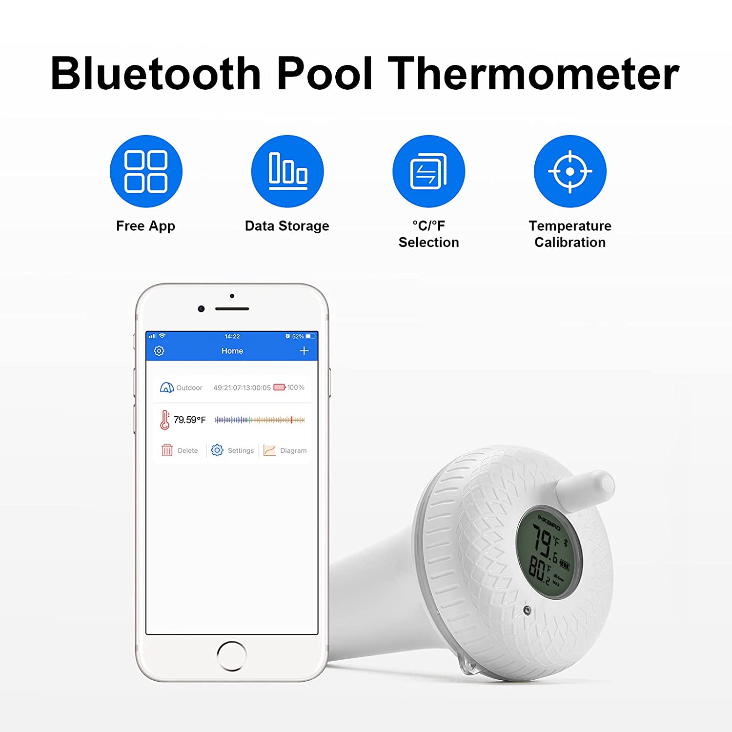 Wireless Bluetooth Pool Thermometer IBS P01B - Waterproof Floating Temperature Sensor for Swimming Pools, Hot Tubs & Spas - Monitor Water Temp Remotely via Smartphone App