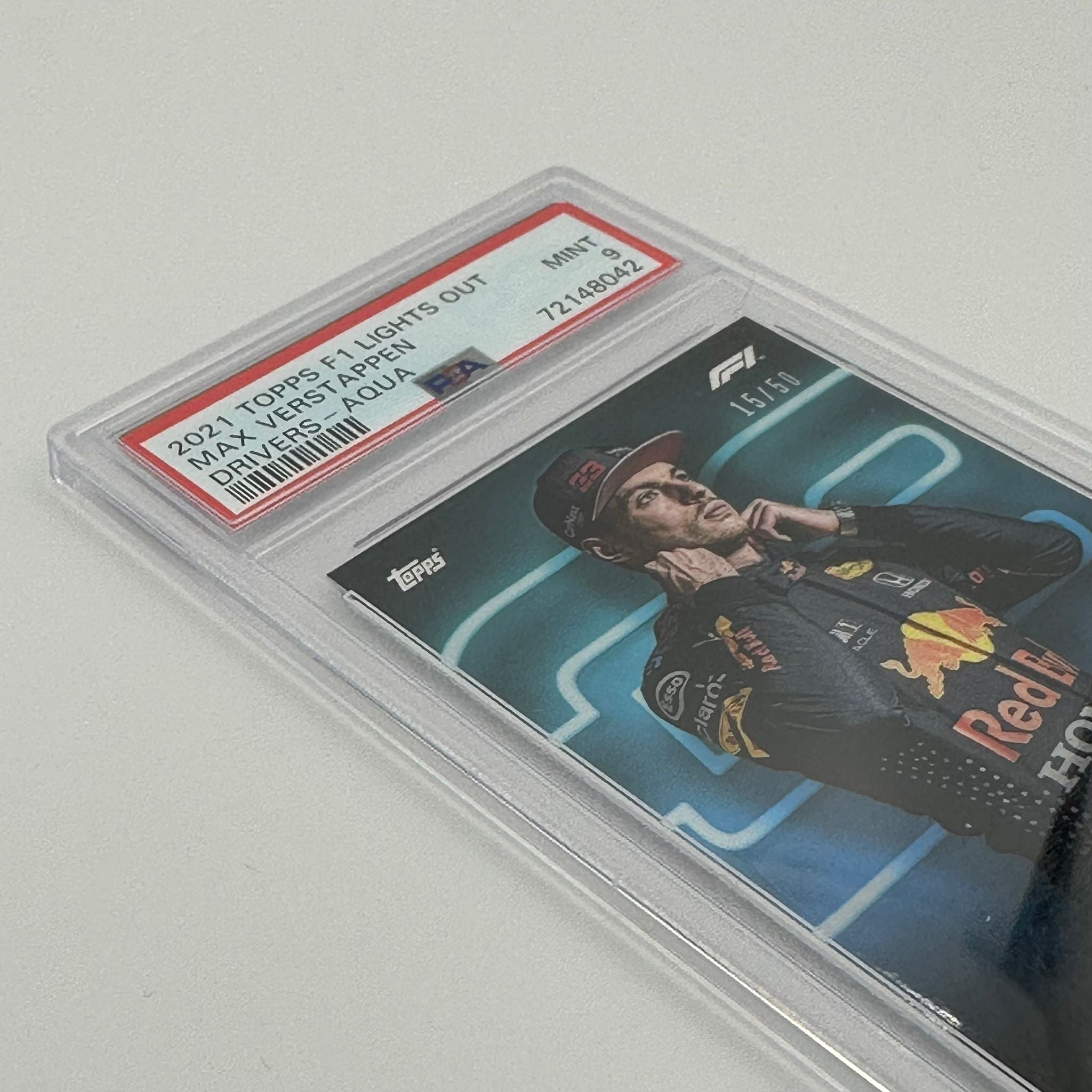 PSA 9 Graded 15/50 Max Verstappen Aqua Parallel Racing Card - Rare Collectible for F1 Fans & Sports Memorabilia Enthusiasts (Perfect for Display, Trading, and Investment)