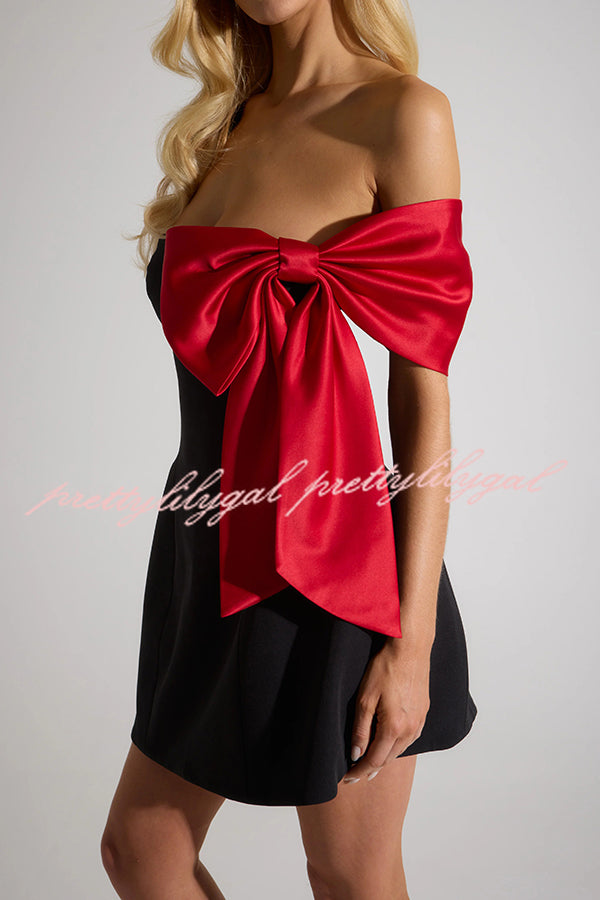 Elegant Satin Off Shoulder Mini Dress with Contrast Bow Detail - Perfect for Date Night, Parties & Special Occasions | Best Gift for Women