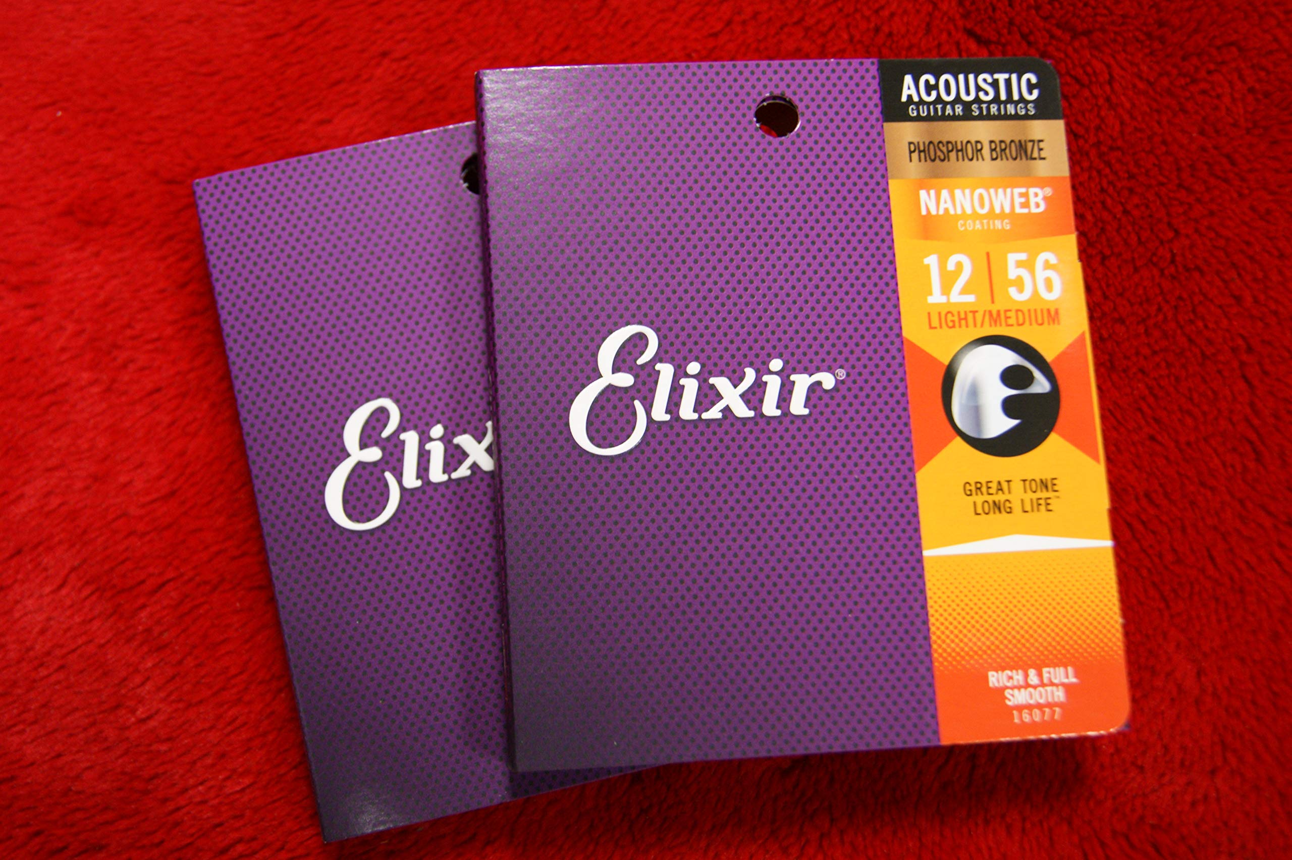 Elixir Nanoweb Coated Phosphor Bronze Acoustic Guitar Strings Light Medium Gauge 12-56 (2 Packs) - Perfect for Folk, Country & Fingerstyle Playing
