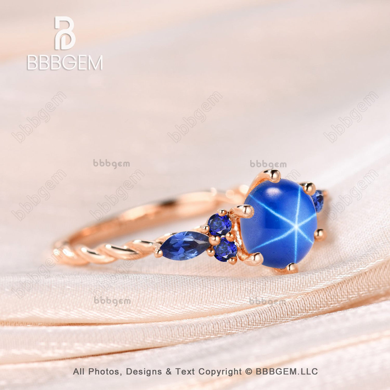 7mm Round Blue Star Sapphire Cluster Lindy Ring with Rose Gold Twisted Rope Band - Elegant Jewelry for Women, Perfect for Weddings, Anniversaries & Special Occasions