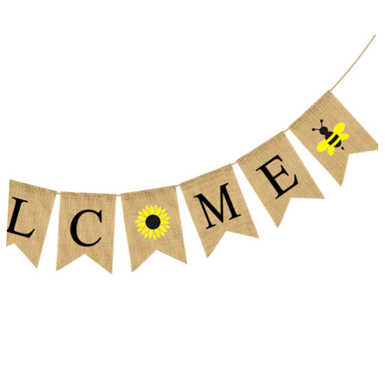 LABRIMP Linen Welcome Banner - Swallowtail Letter Flag with Sunflower & Bee Design (2-Piece Set) | Photo Prop & Home Decor Bunting for Weddings, Baby Showers & Outdoor Parties