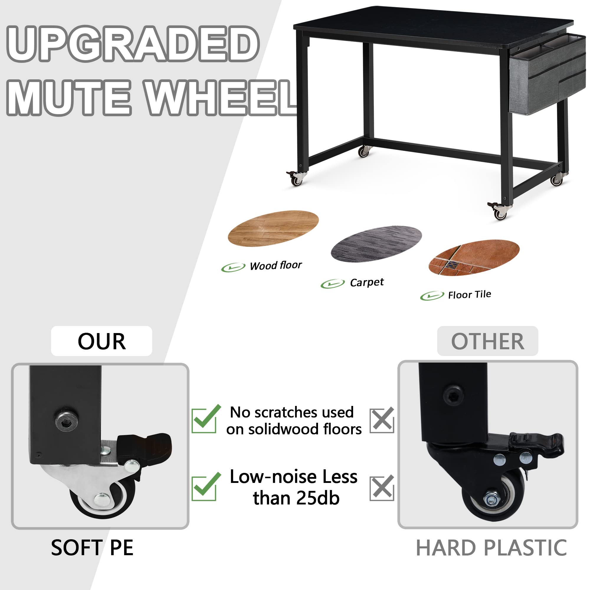 AHB 39 Inch Rolling Computer Desk with 4 Smooth Wheels - Mobile Writing Desk for Home Office & Study - Adjustable Workstation with Sturdy Metal Frame - Perfect for Small Spaces, Dorm Rooms & Workspaces