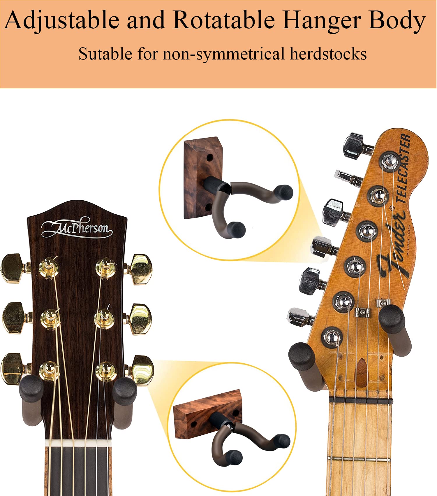 3 Pack Guitar Wall Hangers - Heavy Duty Black Walnut Wall Mount Hook for Acoustic, Electric, Bass, Banjo, Mandolin & Ukulele - Space Saving Instrument Storage Solution for Home, Studio or Music Classroom