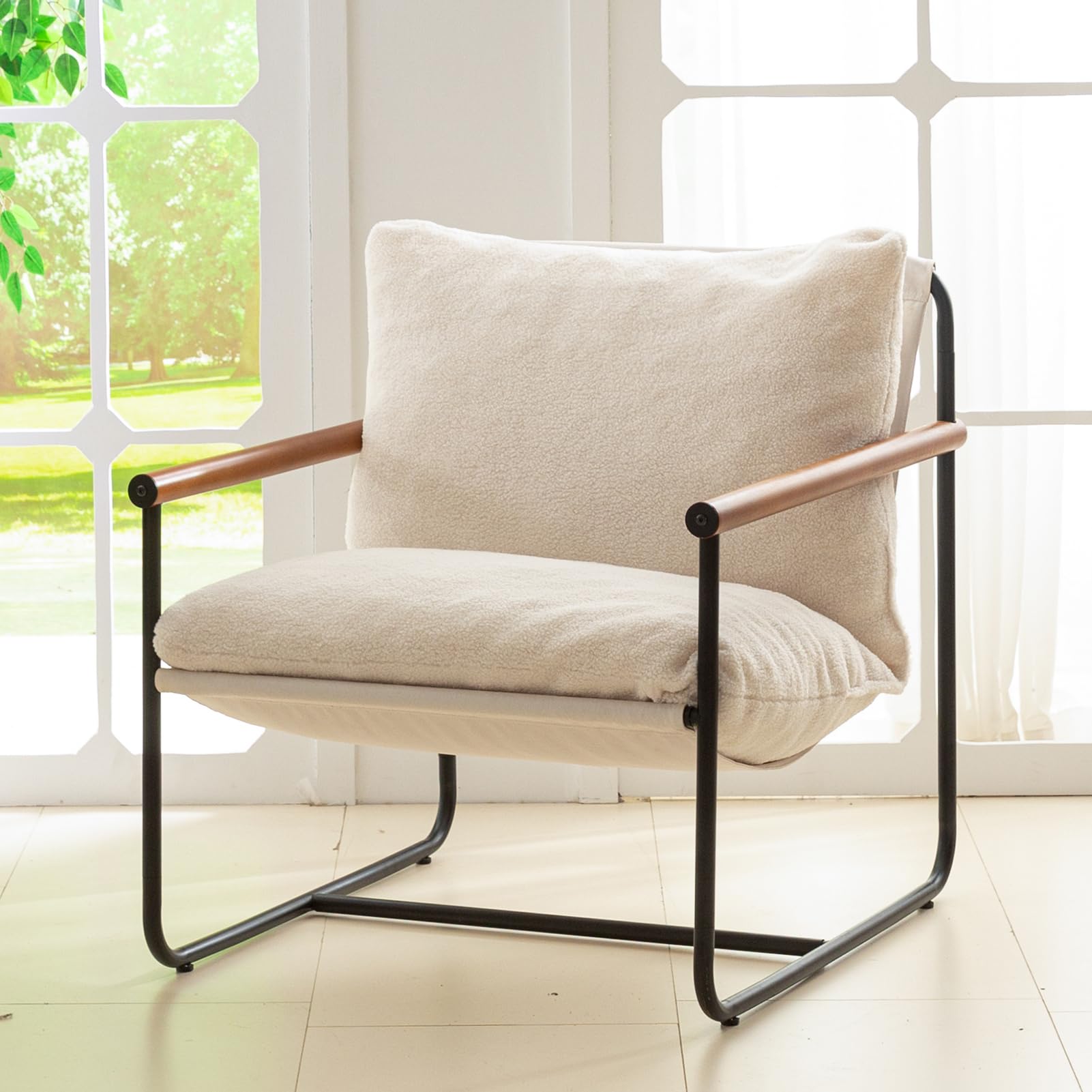 MAXYOYO Modern Accent Chair with Wooden Armrests - Beige Upholstered Living Room Chair for Home, Office & Lounge Decor