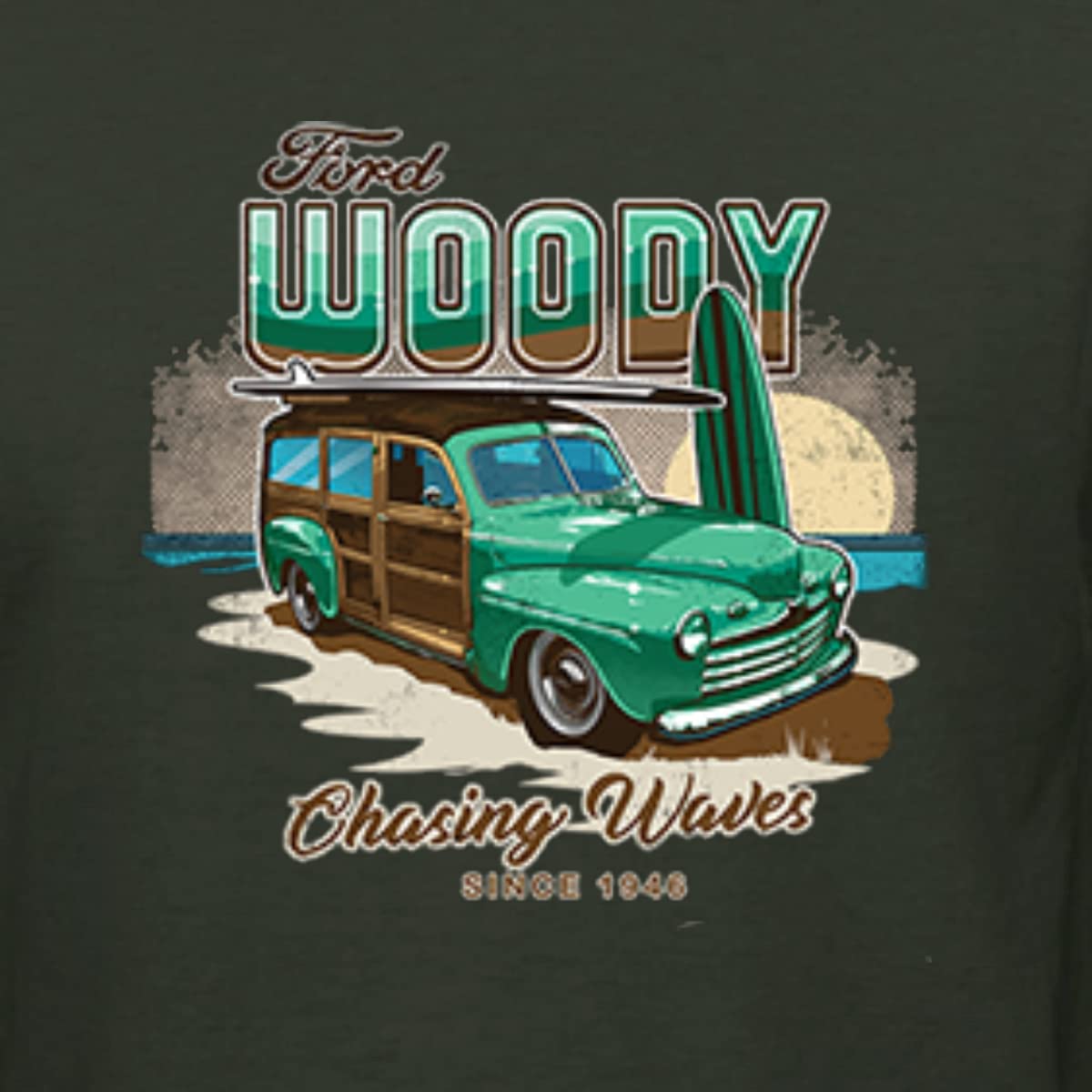 Wild Bobby 1946 Vintage Ford Woody Chasing Waves Graphic Sweatshirt - Retro Car & Truck Unisex Crewneck Pullover | Perfect for Beach Outings, Road Trips & Vintage Car Enthusiasts