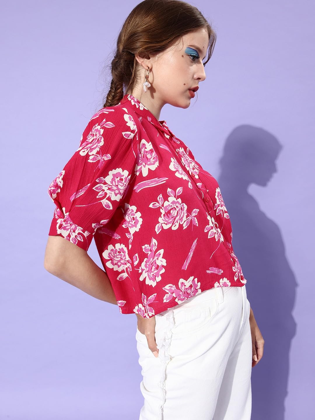 ALL YOURS Women's Slim Fit Floral Print Casual Shirt - Pink & White Cotton Blouse for Everyday Wear | Office, Date Night & Spring Outfits