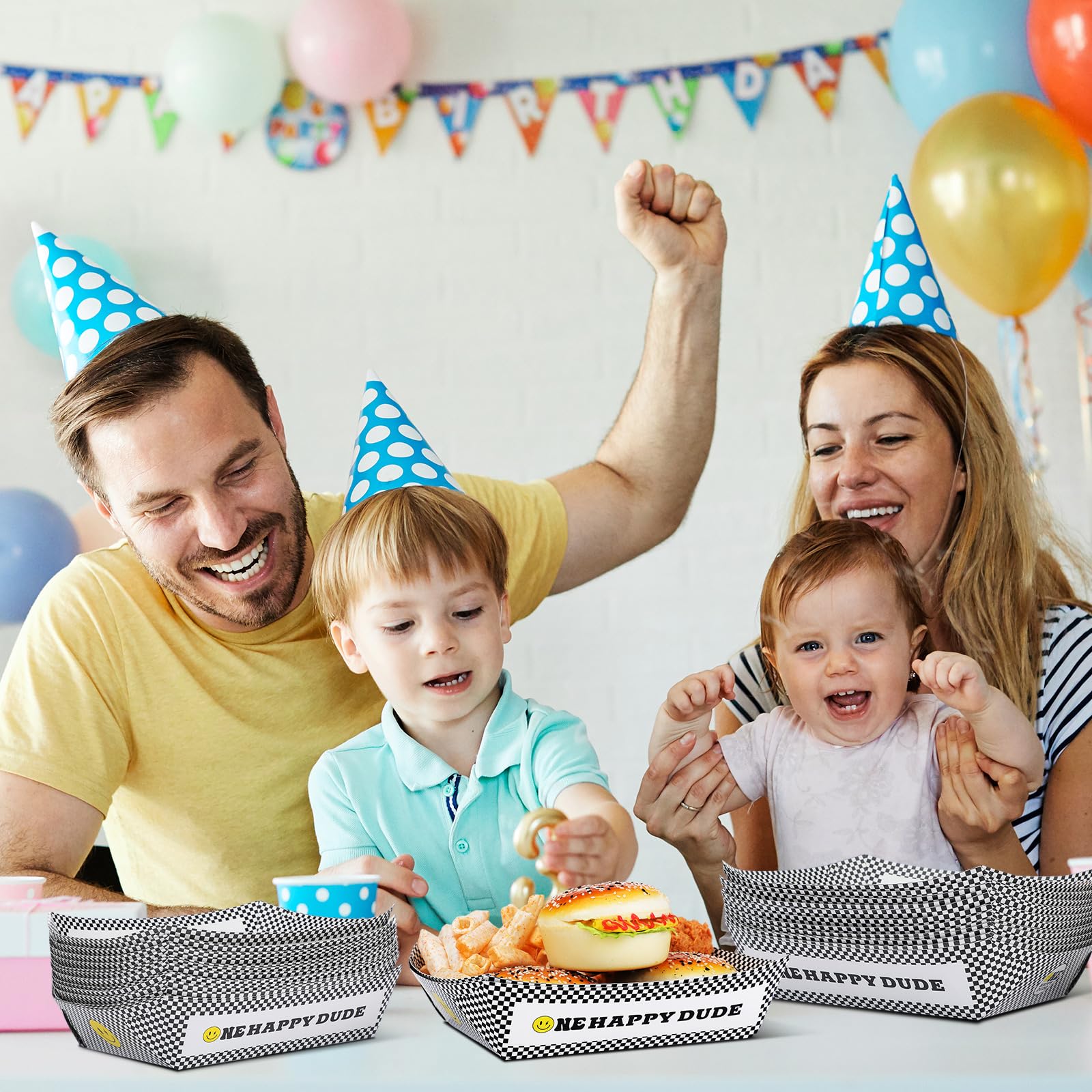 50 Pcs Happy Dude Birthday Party Decorations - Waterproof Disposable Nacho Tray & Hot Dog Holder Paper Food Serving Baskets for 1st Birthday, Baby Shower, BBQ, Picnic, and Outdoor Events