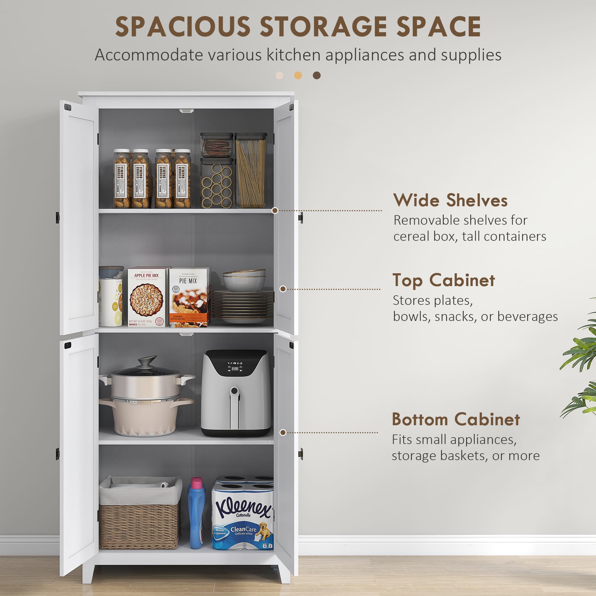 HOMCOM 72 Inch Freestanding Kitchen Pantry Cabinet - Farmhouse Style Tall Storage Cabinet with 4 Doors & Adjustable Shelves for Dining Room, Living Room, Kitchen - White Organizer for Food, Dishes & Home Essentials