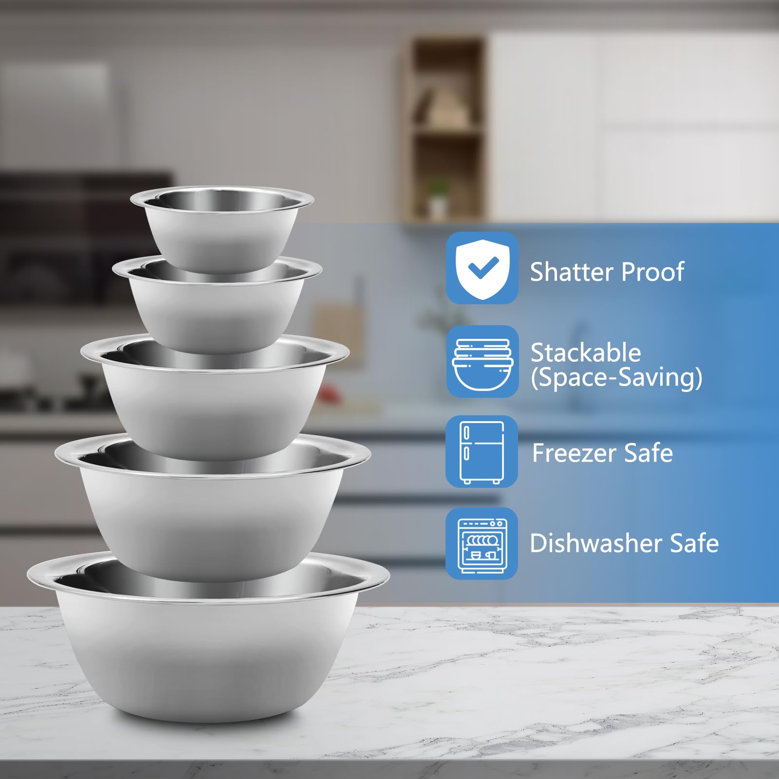 Premium 5-Piece Stainless Steel Mixing Bowl Set - Nesting Bowls for Whisking, Cooking, Baking, Serving & Food Prep - Ideal for Kitchen, Restaurant & Salad Making