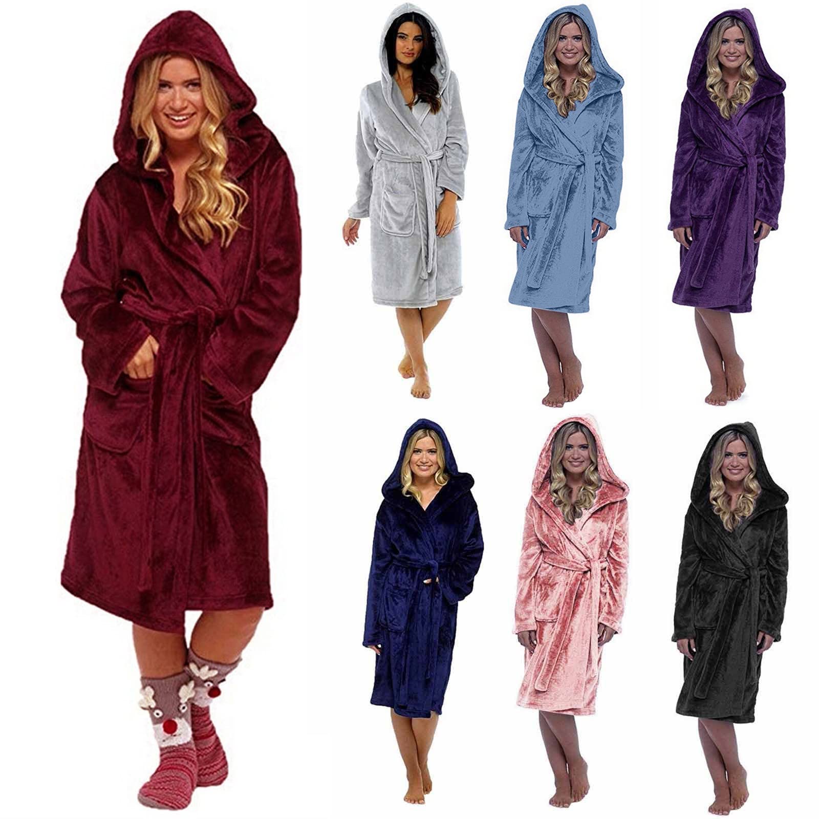 Women's Winter Fleece Hooded Robe - Cozy Long Sleeve Plush Shawl Coat for Home, Spa & Lounging
