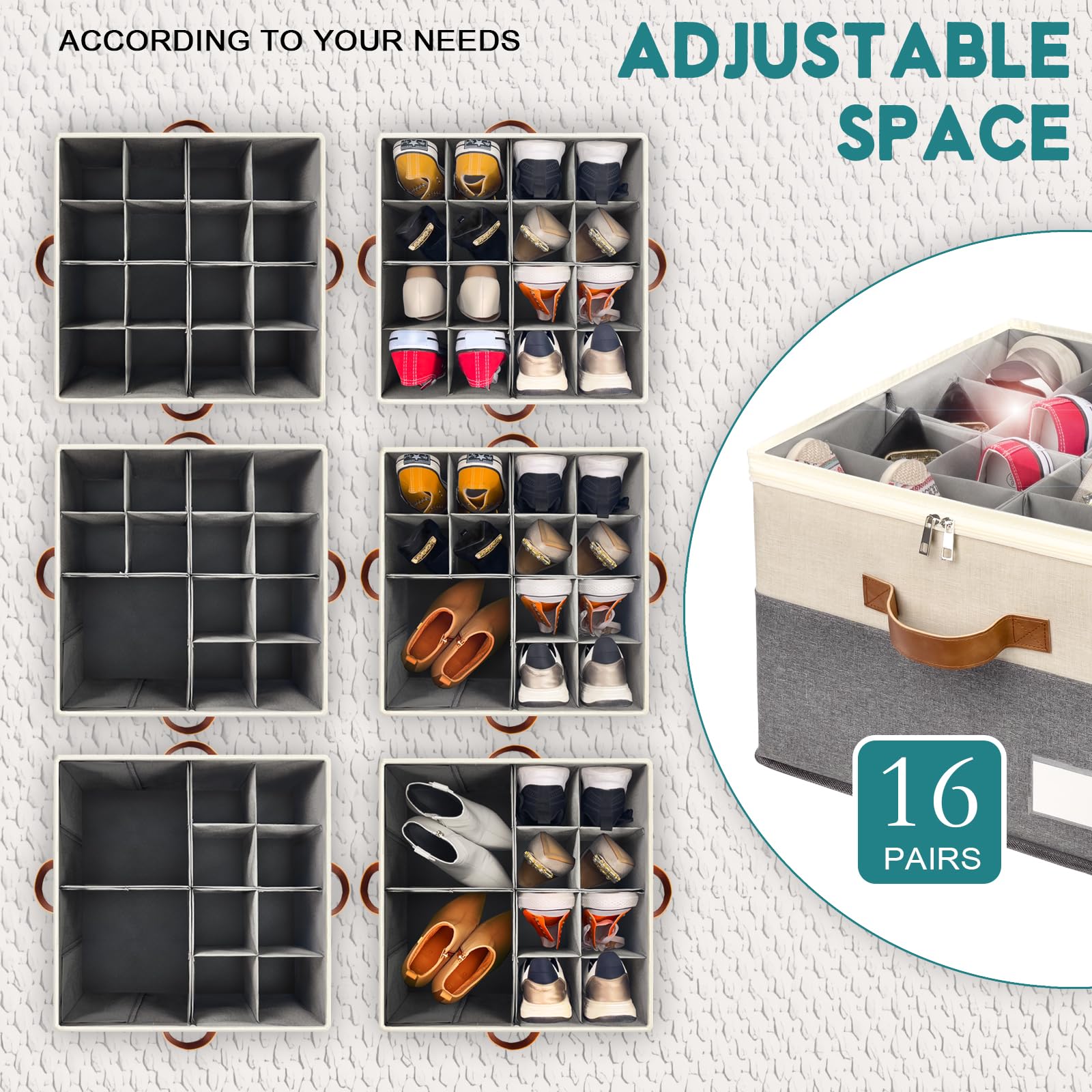 Foldable Shoe Storage Bins with Clear Cover - Space Saving Shoe Organizer for Closet, Large Adjustable Shoe Box Containers with 4 Handles (Fits 8-16 Pairs, 2 Pack, Beige) - Perfect for Bedroom, Entryway, and Travel Organization