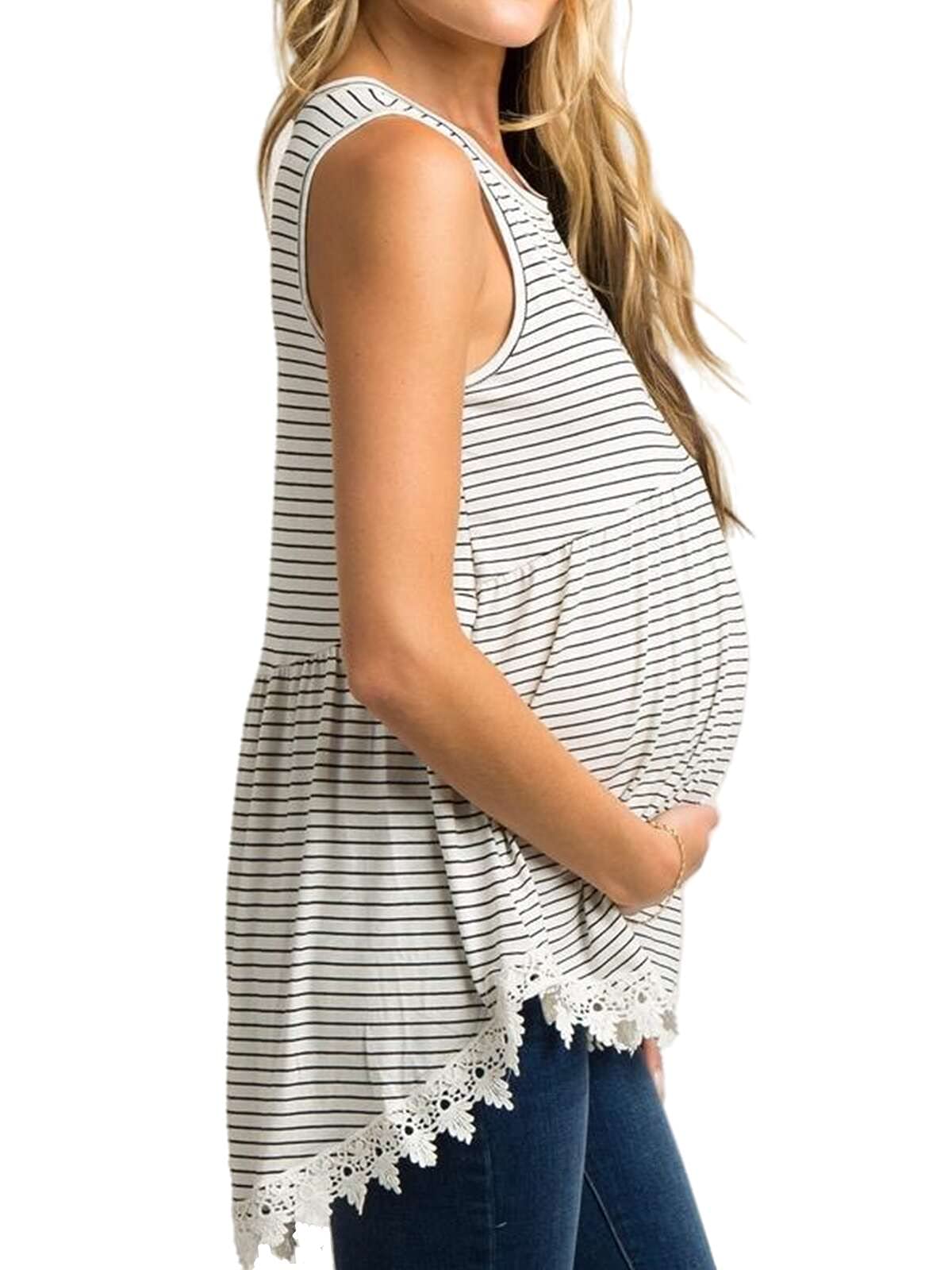 Xpenyo Women's Maternity Tank Top - Sleeveless Lace Crochet Trim Peplum Cami Shirt for Pregnancy | Comfortable Nursing Clothes for Moms | Perfect for Maternity Photos, Baby Showers & Everyday Wear