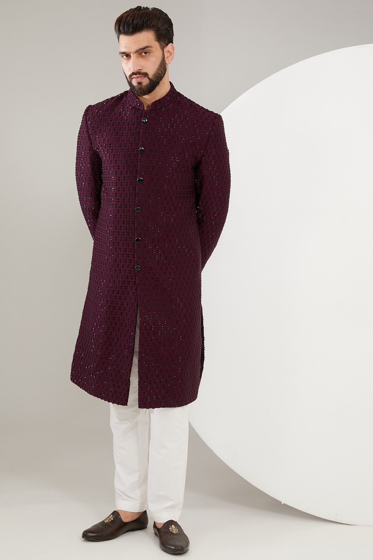 Elegant Maroon/Wine Cut Dana Sherwani for Men - Perfect for Weddings, Festivals & Special Occasions
