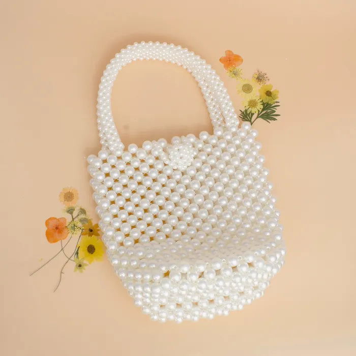 Elegant Pearl-Embellished Woven Leather Top Handle Bucket Bag for Women - Perfect for Work, Date Night & Special Occasions