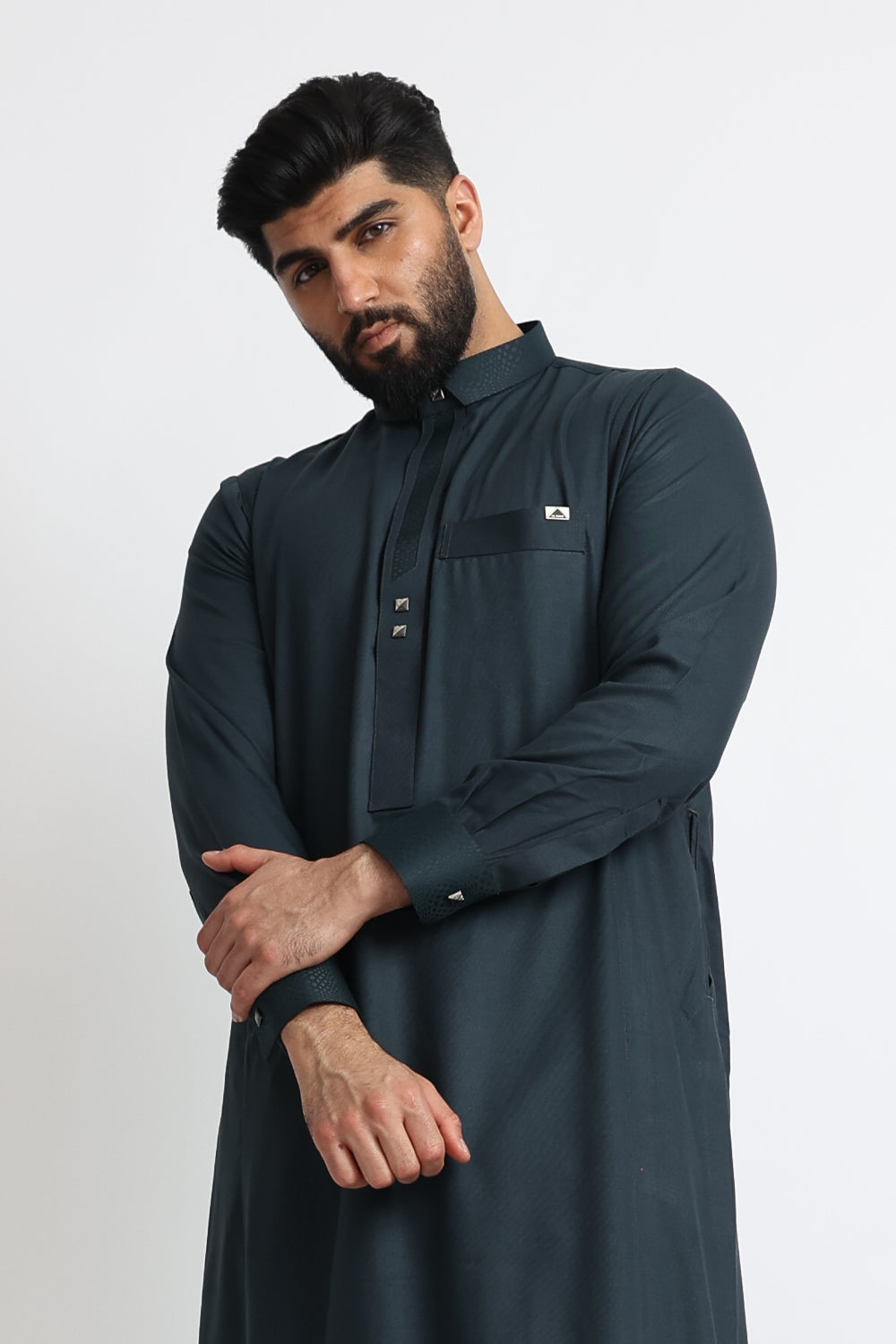 J129 Presidential Grey Collar Thobe for Men | Premium Embroidered Islamic Robe | Eid & Wedding Outfit | Perfect for Religious Ceremonies & Special Occasions