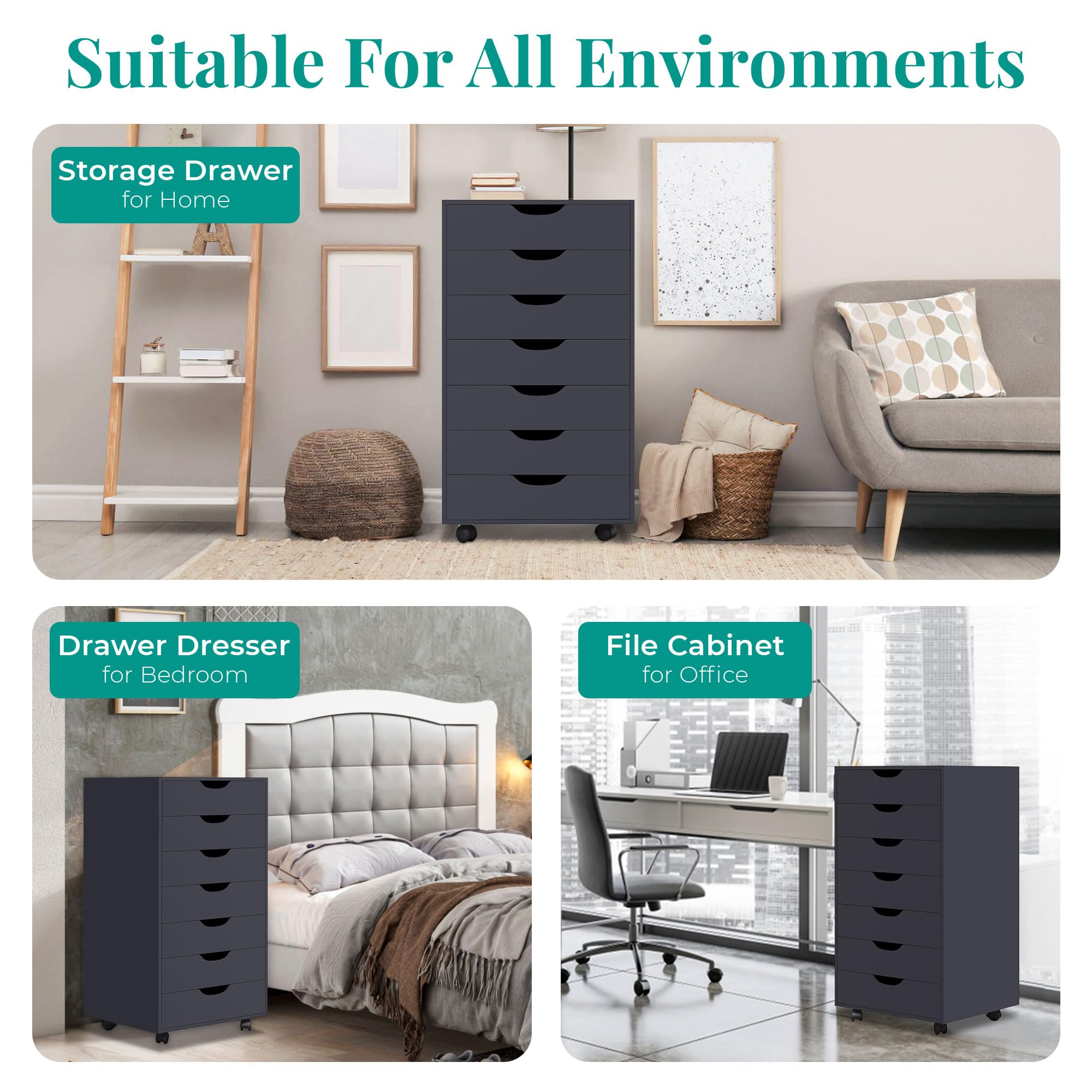 Naomi Home Debbie 7-Drawer Rolling Storage Cabinet - Black | Versatile Organizer for Crafts, Office Files & Home Storage | Mobile Chest for Bedroom, Living Room & Workspace