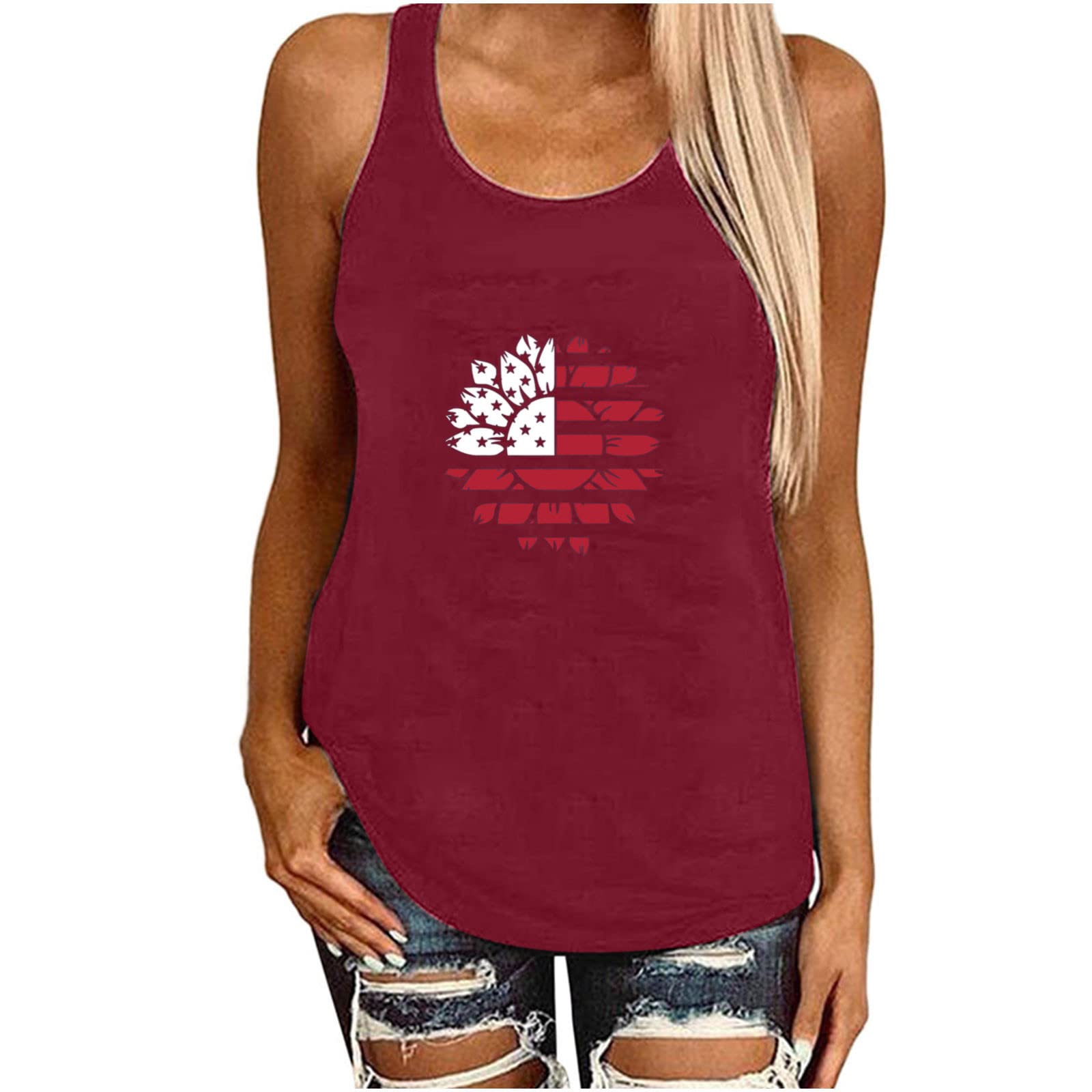 Ceimmol Women's Sunflower & USA Flag Print Tank Top - Sleeveless Loose Tunic Tee for July 4th, Summer Casual Wear & Yoga | Patriotic Holiday Outfit, Beach Cover-Up, Festival Fashion