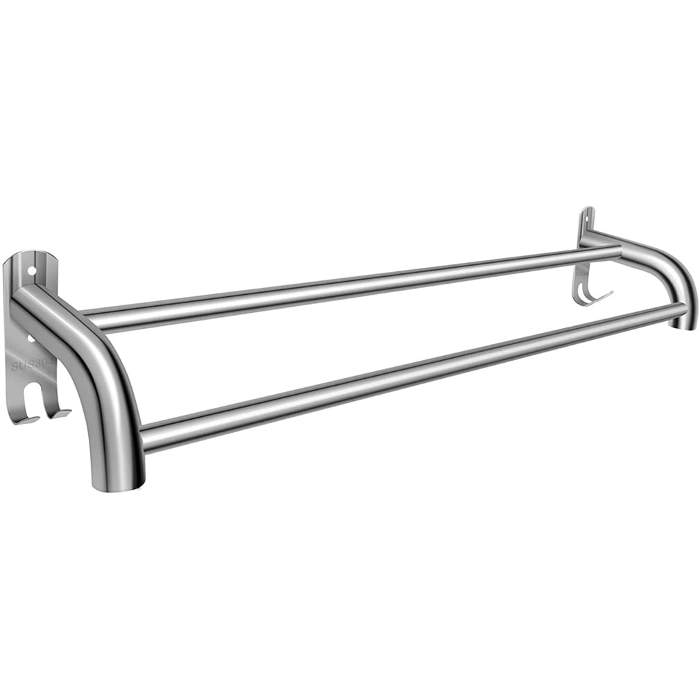 Premium 304 Stainless Steel Towel Rack - Heavy Duty Double Bar Bathroom Towel Holder, Non-Perforated Silver Towel Bar for Hotel, Kitchen & Home Use | Space-Saving Bathroom Organizer for Hand Towels & Washcloths