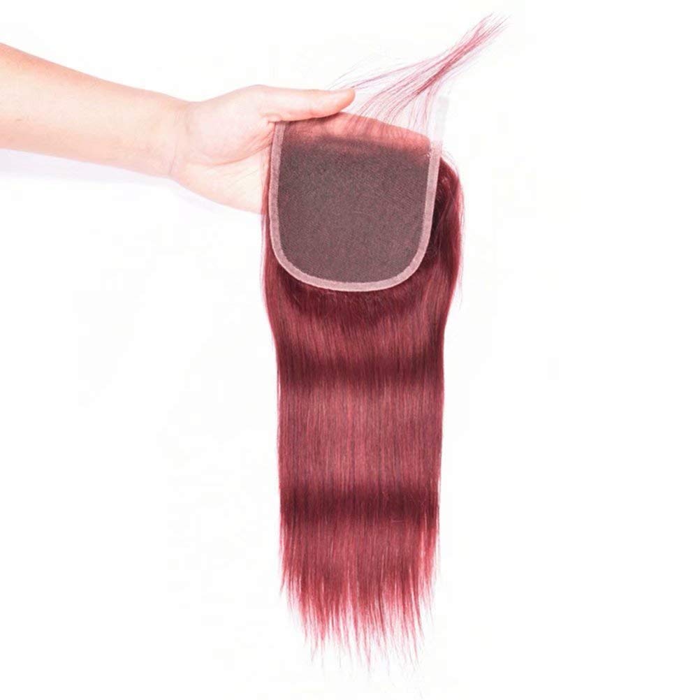 FEEL ME Straight Peruvian Human Hair 3 Bundles with Closure - Color 33 Virgin Peruvian Silky Straight Hair Extensions (18 20 22+18) - Light Auburn Red Remy Hair Weave for Daily Styling & Special Occasions