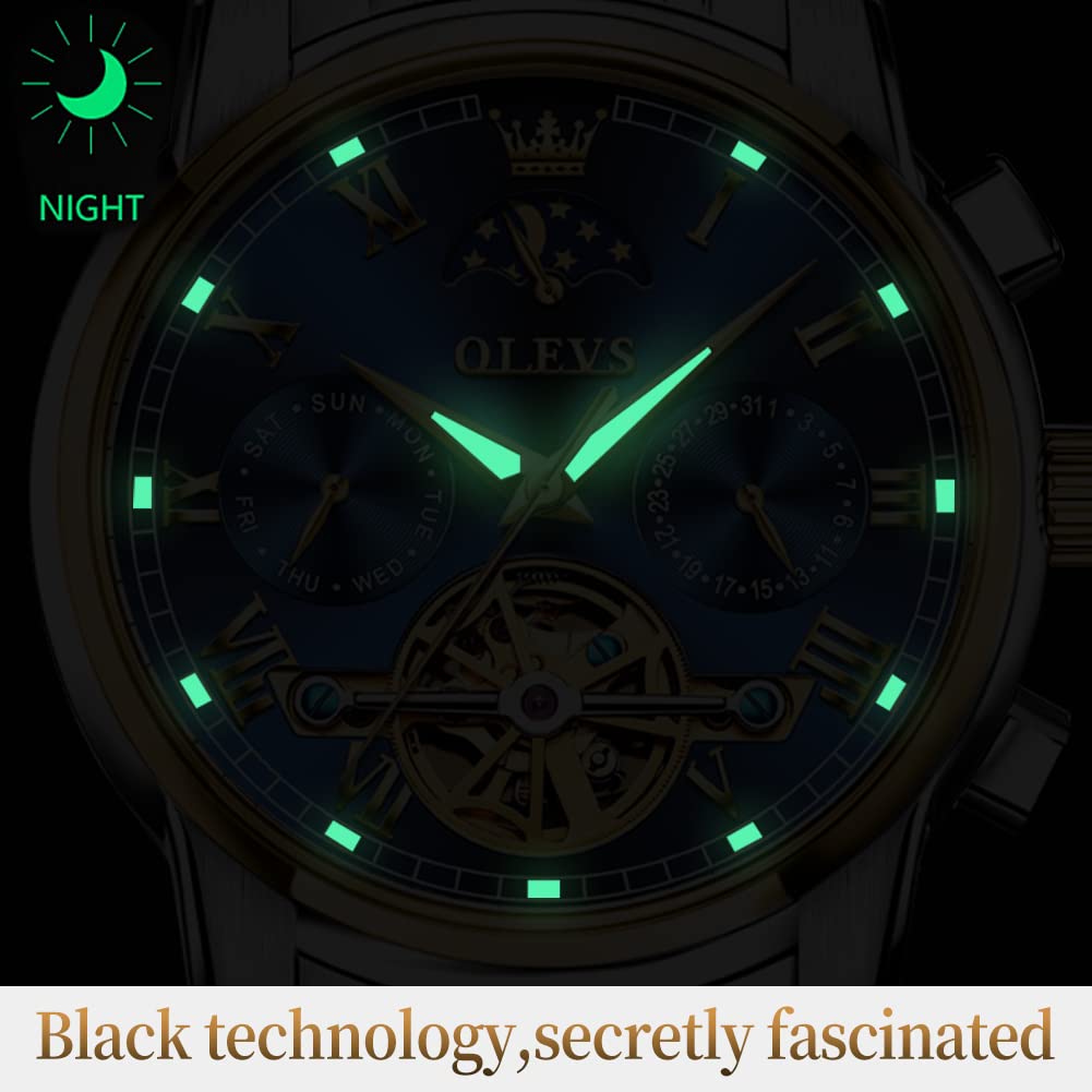 OLEVS Men's Automatic Mechanical Tourbillon Watch - Self-Winding Luxury Stainless Steel Waterproof Wristwatch with Luminous Hands & Date Display | Perfect for Business, Formal Events & Everyday Wear
