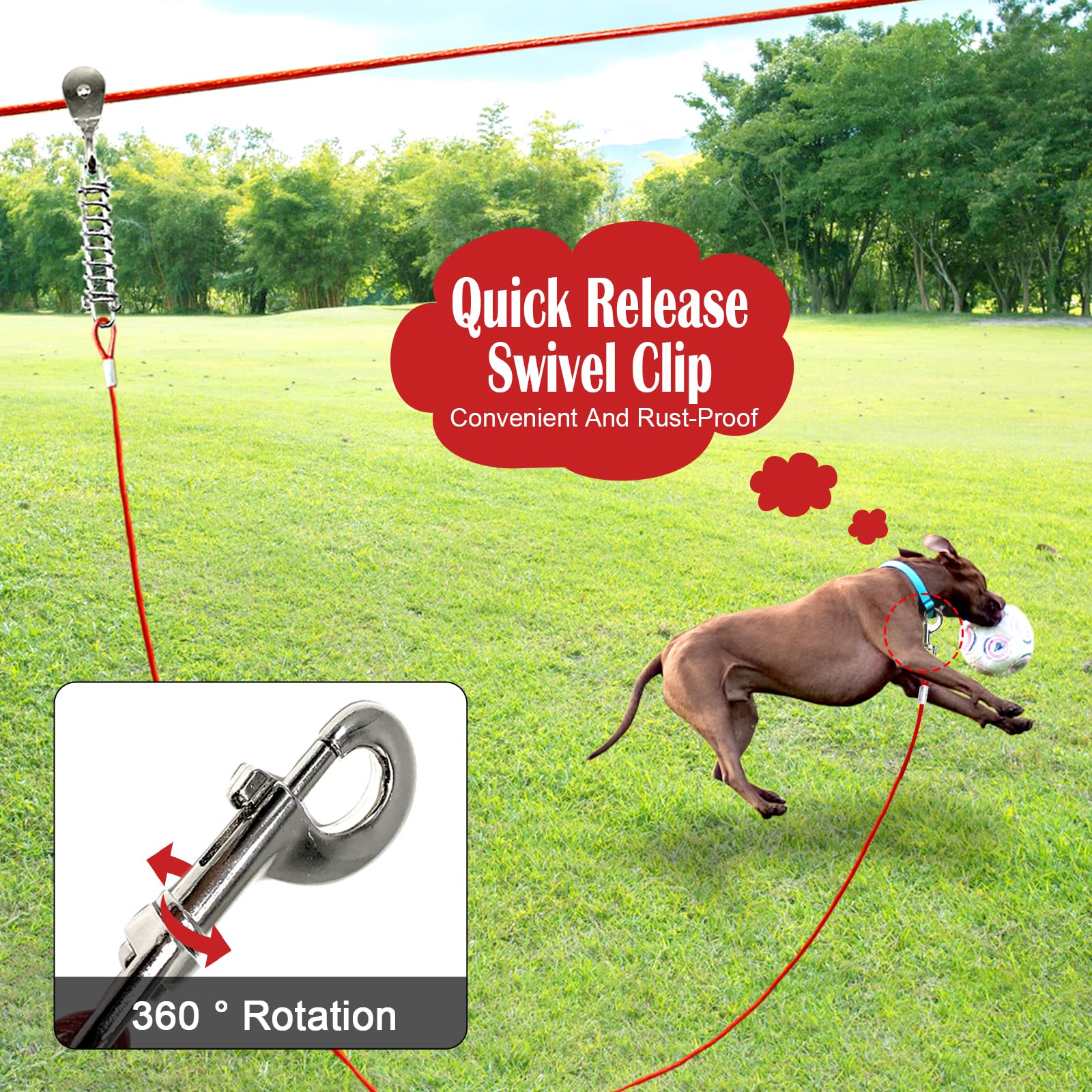 Heavy Duty 100FT Dog Run for Large Dogs Up to 250LBS - 15FT Tie Out Cable with Trolley Zipline System - Perfect for Backyard, Yard & Outdoor Dog Exercise & Playtime