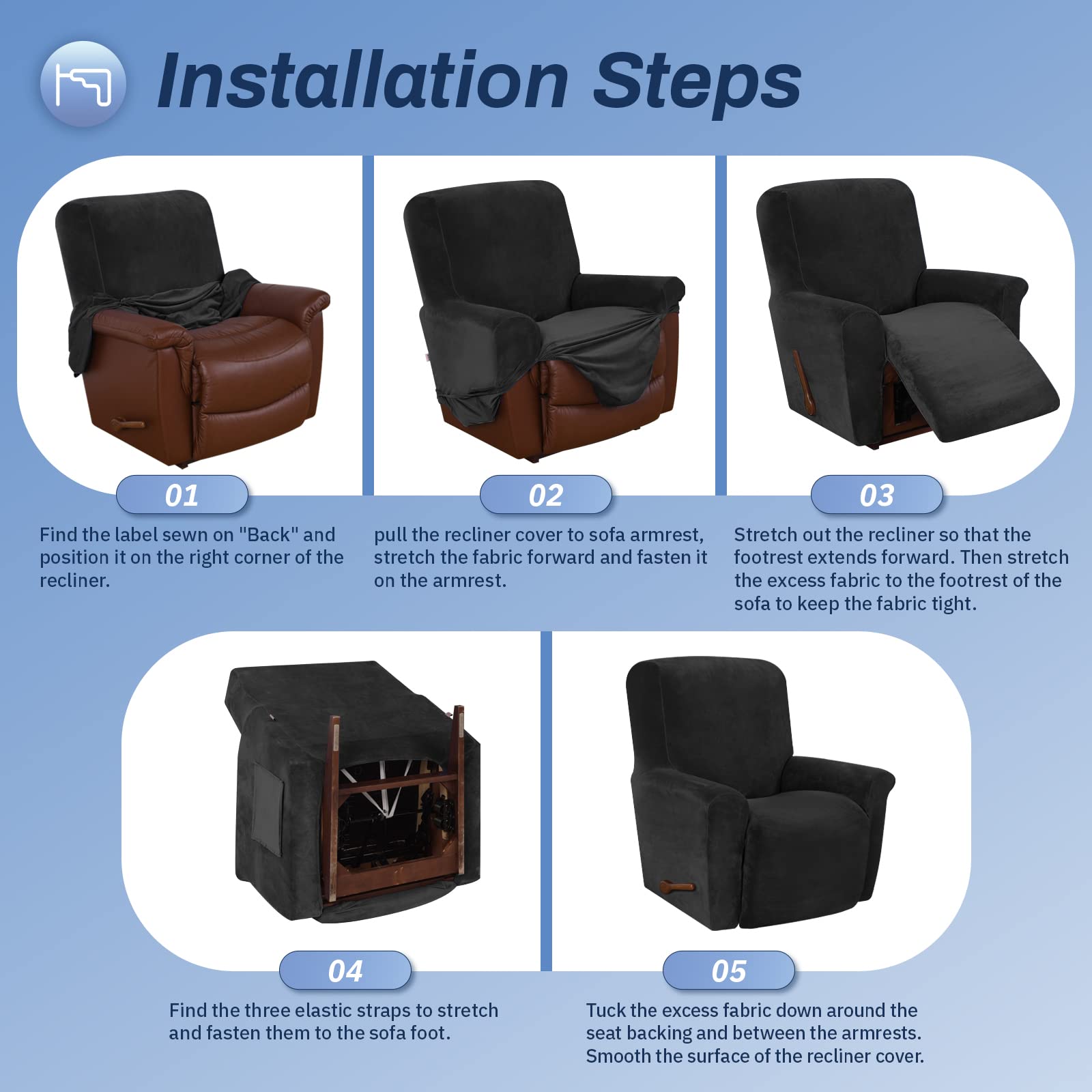 WEERRW Velvet High Stretch Recliner Chair Cover - Washable Furniture Protector with Non-Slip Elastic Bottom for Kids & Pets - Black - Perfect for Living Room, Home Theater & Office Recliners