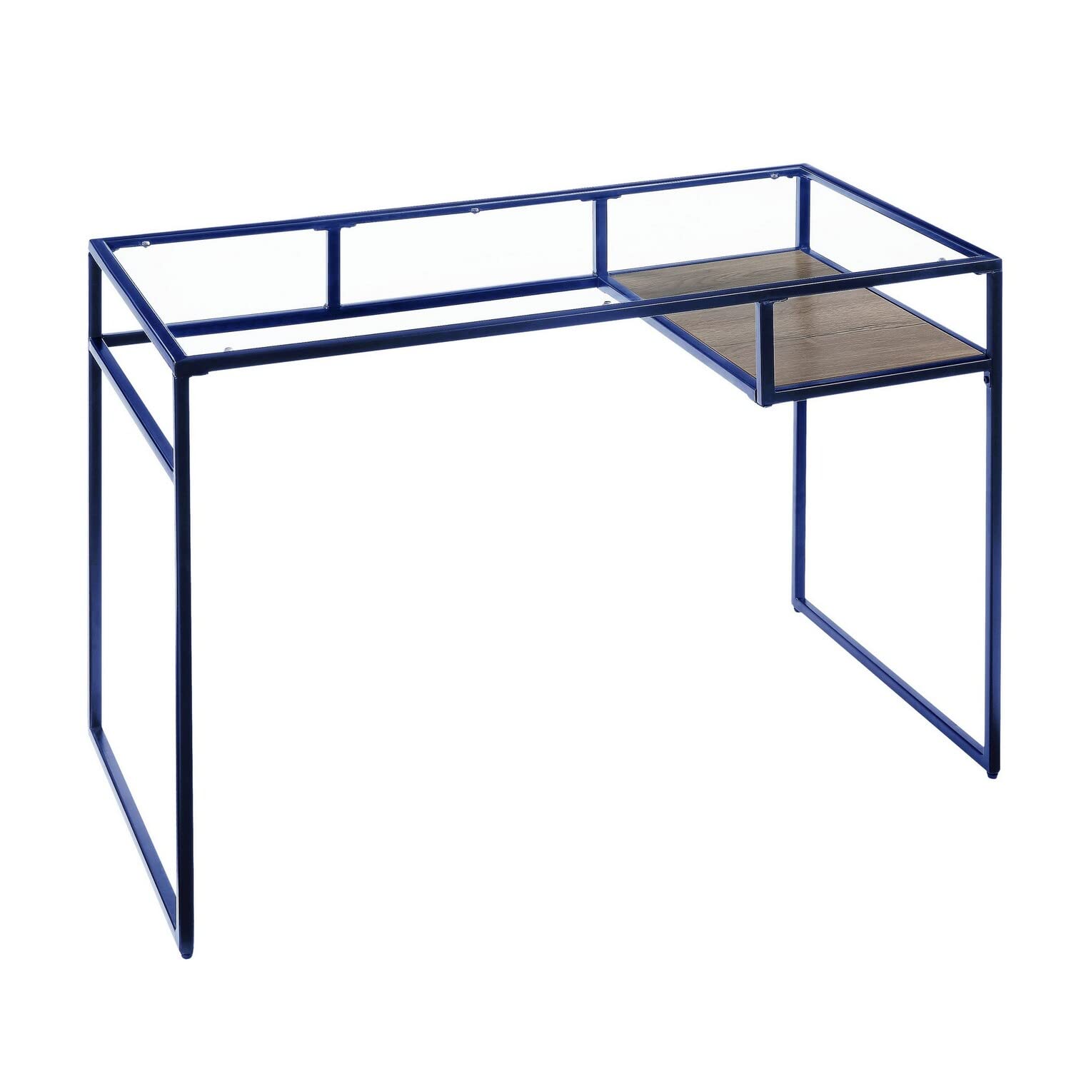 Benjara Modern Rectangular Glass Top Desk with Open Storage Compartment & Sturdy Sled Base - Blue Home Office Desk for Small Spaces | Perfect for Home Office, Study Room & Workspace