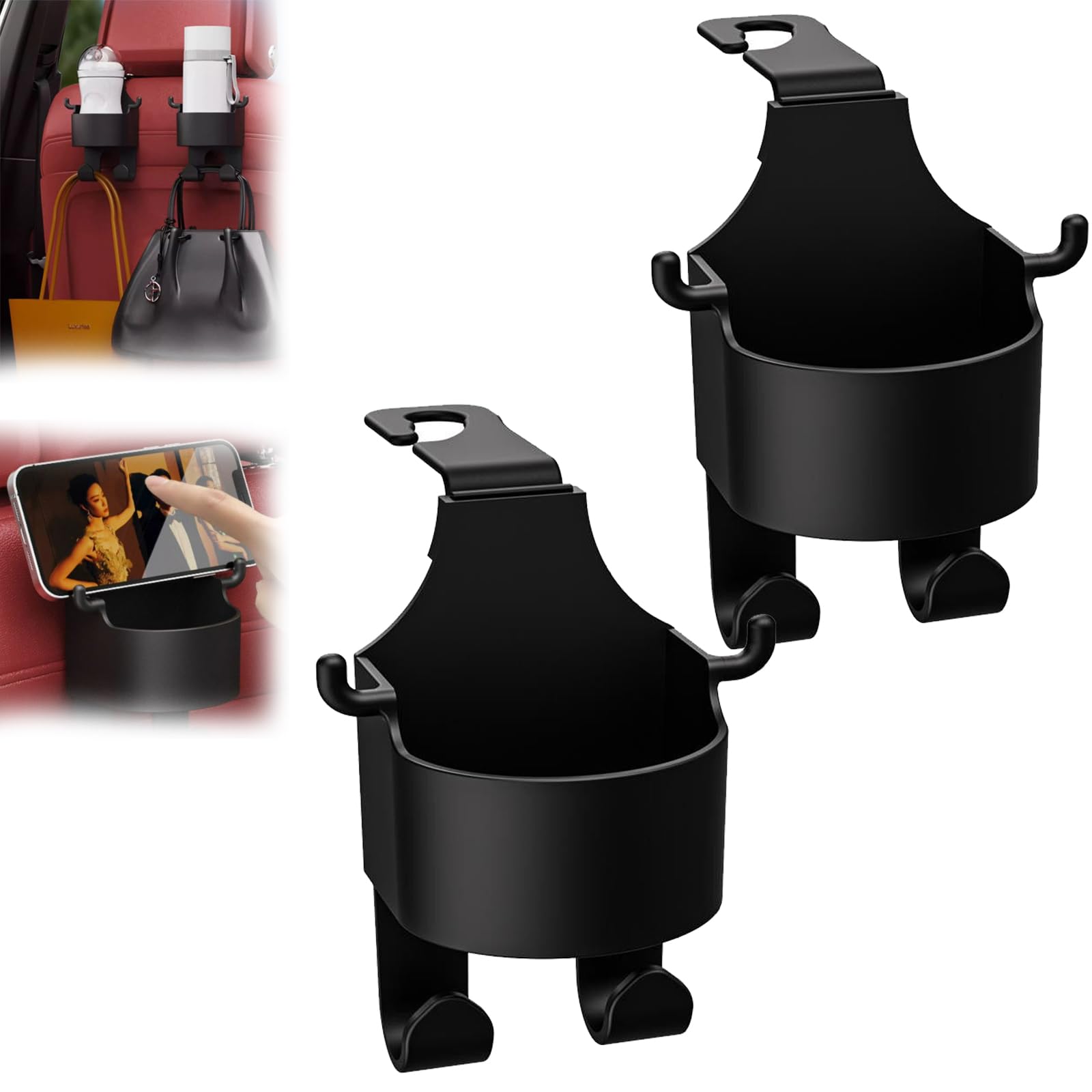 3-in-1 Multifunctional Car Seat Back Hook & Cup Holder - Heavy Duty Auto Organizer (2 Pack, Type-A) - Perfect for Road Trips, Grocery Bags & Backseat Storage