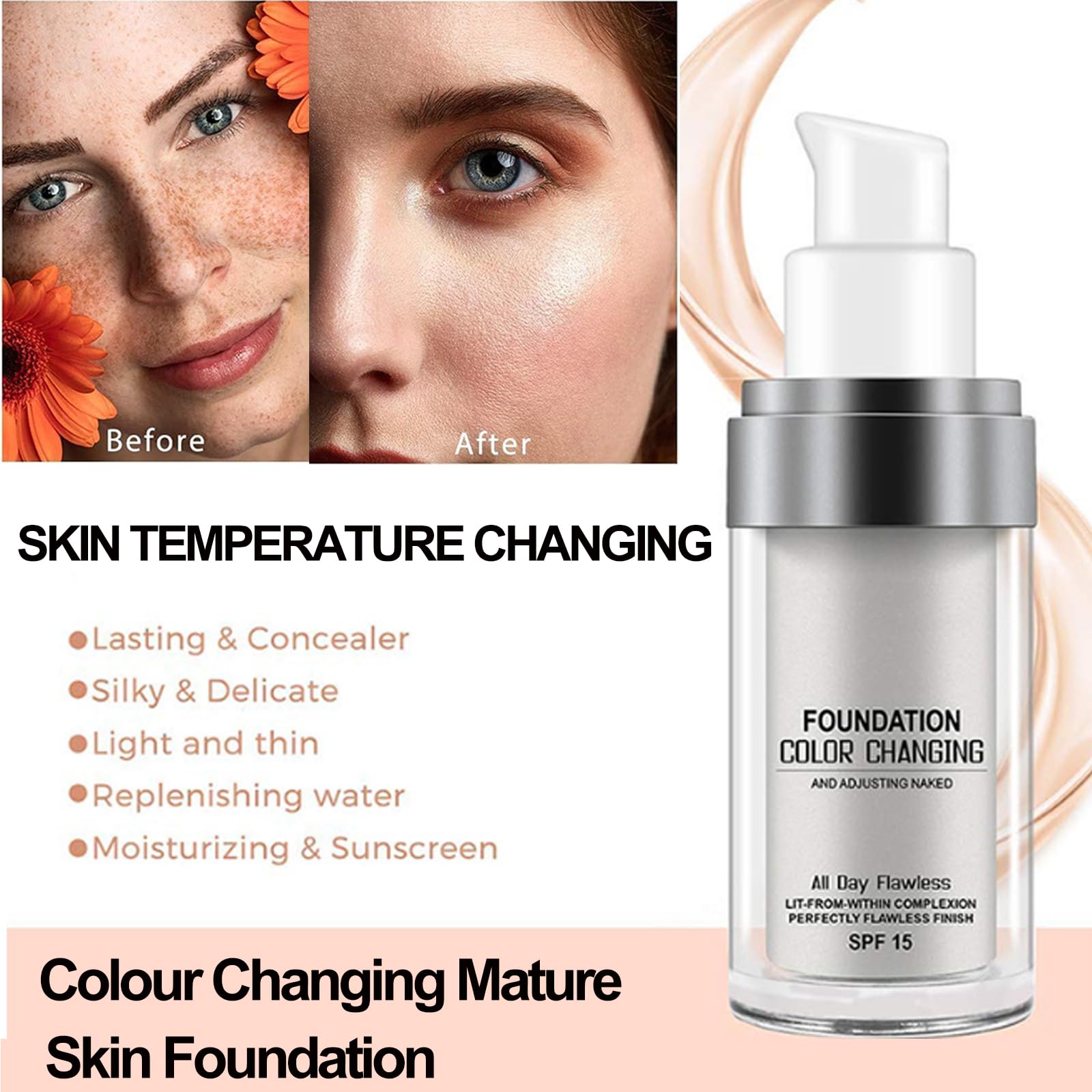 Glowari Color Changing Foundation with SPF - Adjusts to Your Skin Tone, Hydrating & Sun Protection for Mature Skin | Perfect for Daily Makeup & Special Occasions