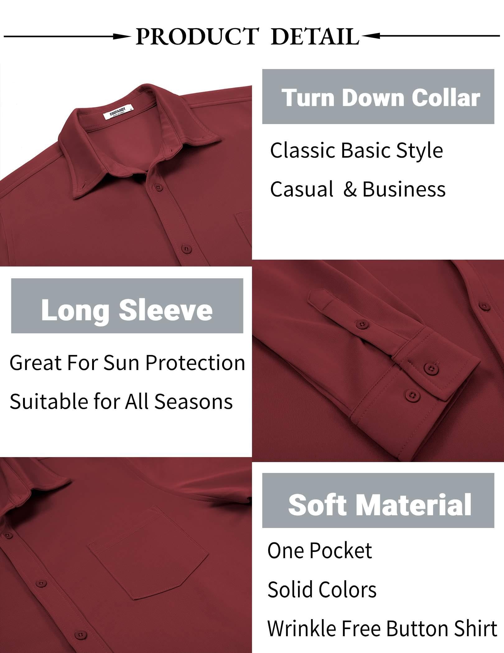 COOFANDY Men's Casual Long Sleeve Button Down Shirt - Stretch Dress Shirt with Pocket in Wine Red (X-Large) - Perfect for Office, Business Meetings & Smart Casual Outfits