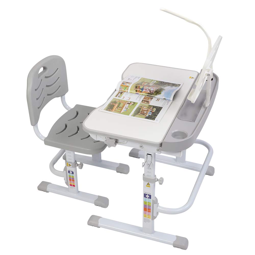 Adjustable Height 70CM Tiltable Study Desk & Chair Set with Reading Stand, USB Port & Desk Lamp - Perfect for Kids Learning, Reading & Homework (Grey)