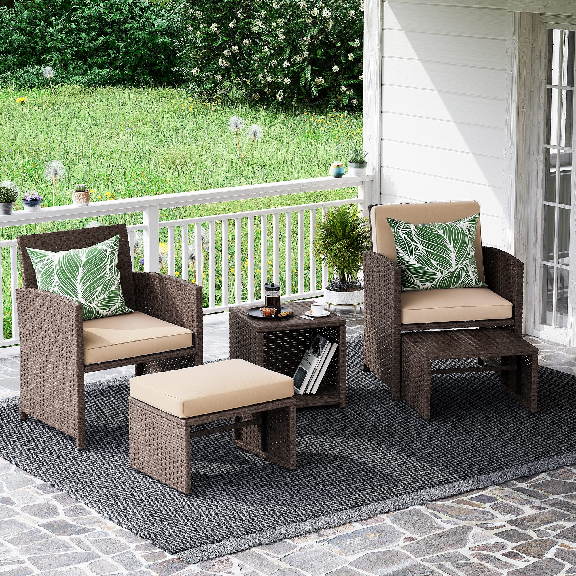 OC Orange-Casual 5-Piece Patio Conversation Set with Cushions - Brown Wicker Chairs, Ottoman & Storage Table - Outdoor Furniture for Backyard, Garden, Porch, Balcony - Perfect for Relaxing, Entertaining & Lounging in Your Outdoor Space