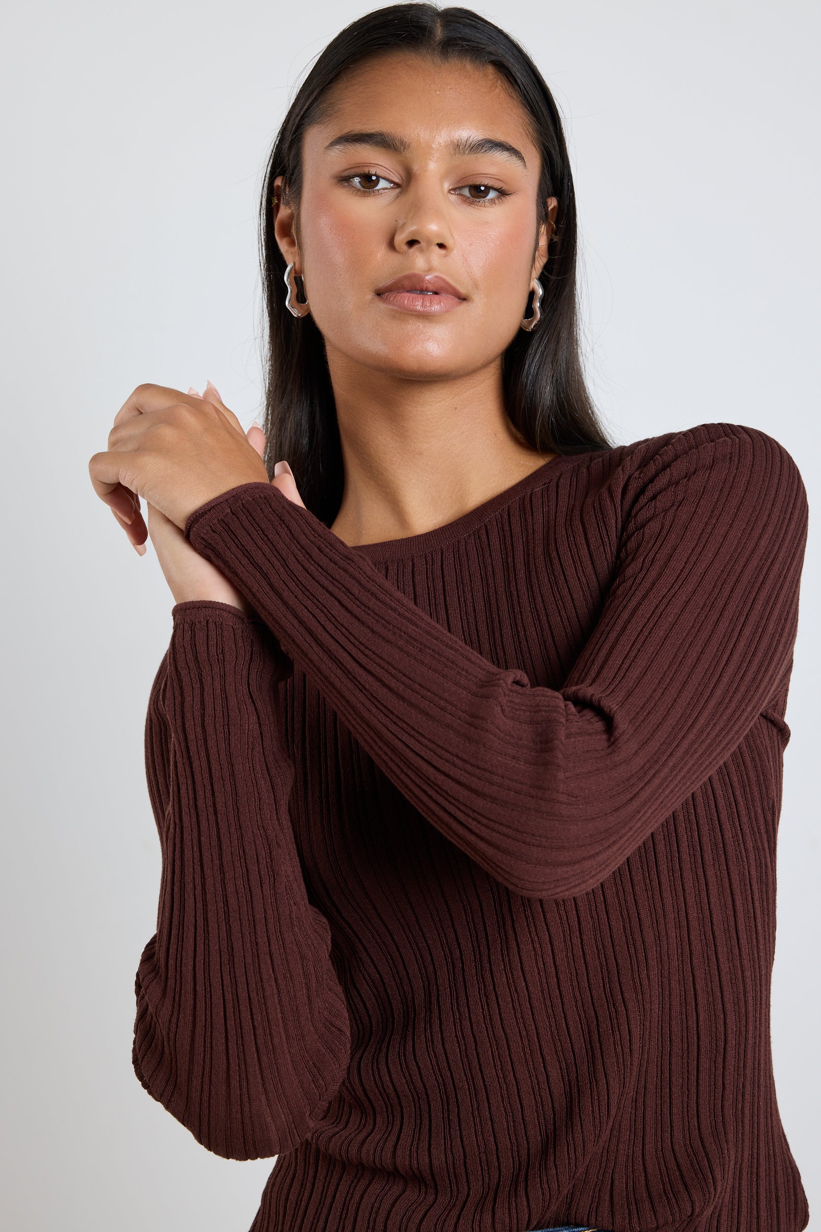 Fragment Chocolate Sheer Rib Long Sleeve Knit Top for Women - Elegant Casual Wear for Office, Date Night & Fall Layering