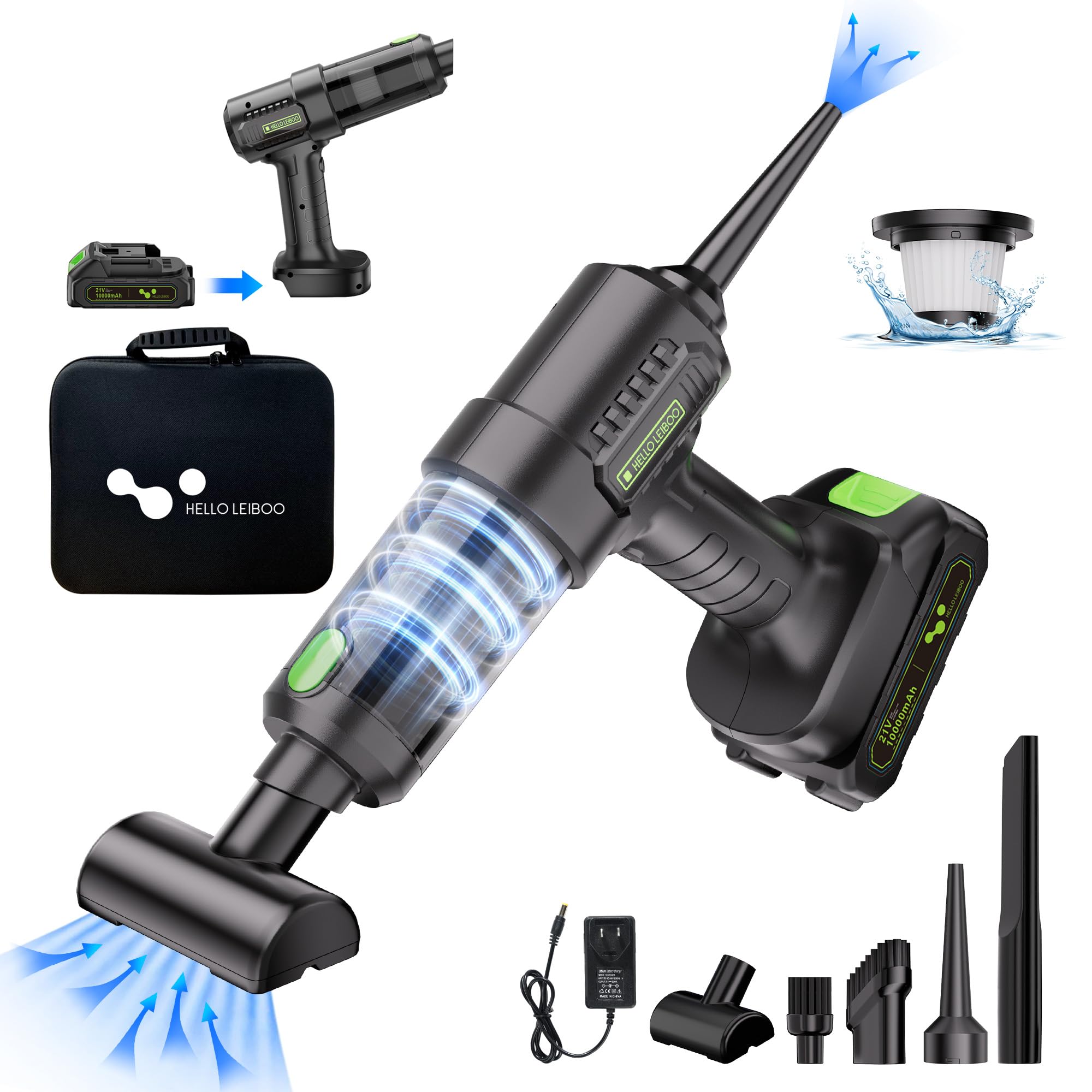 helloleiboo 4-in-1 Cordless Handheld Vacuum Cleaner - 16000PA Powerful 21V Rechargeable Car Vacuum with Removable Battery & Multi-Nozzles for Home, Office, Pet Hair Cleaning (Green) - Perfect for Cars, Sofas, Stairs & Pet Areas