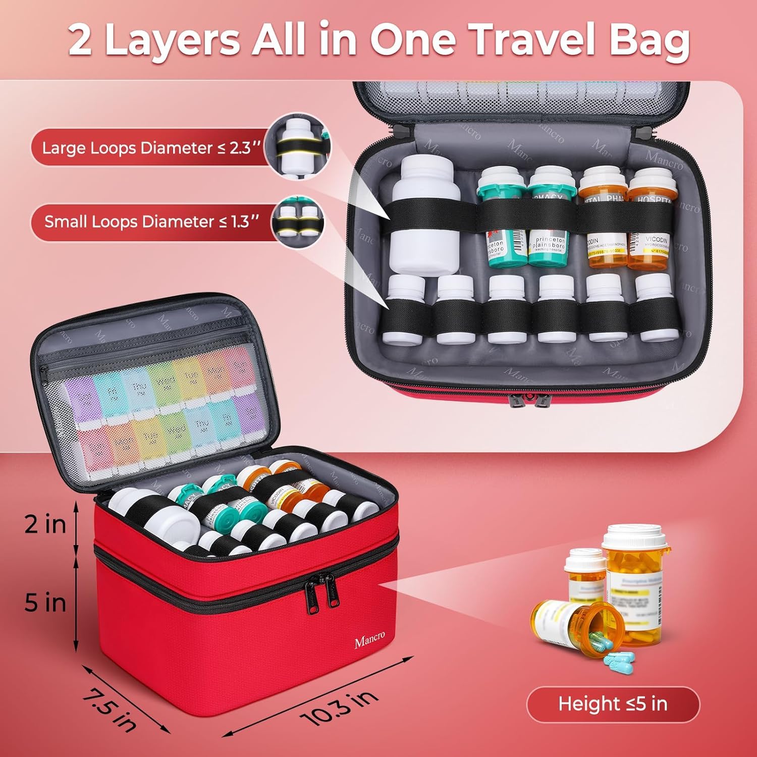 **Mancro Dual Layer Lockable Medicine Organizer Bag - Portable Pill Bottle Storage for Vitamins, Pills & Medical Supplies - Ideal for Home, Travel & Daily Use**    (Note: The original title was already in English, so no translation was needed. The optimized version improves readability, adds relevant keywords, and includes usage scenarios.)