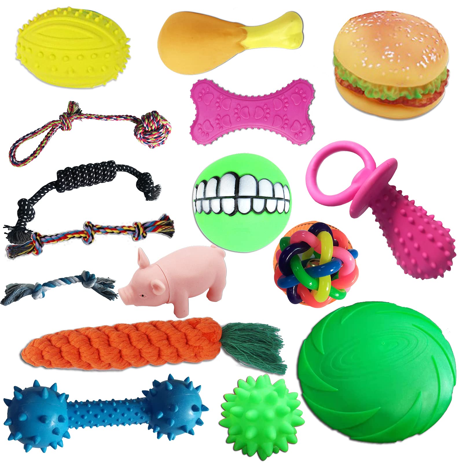 Durable 16-Piece Dog Chew Toys Set - Clean Teeth Chews, Puppy Teething Ropes, Tug of War & Squeaky Rubber Bones for Small & Large Dogs | Perfect for Dental Care, Playtime & Training