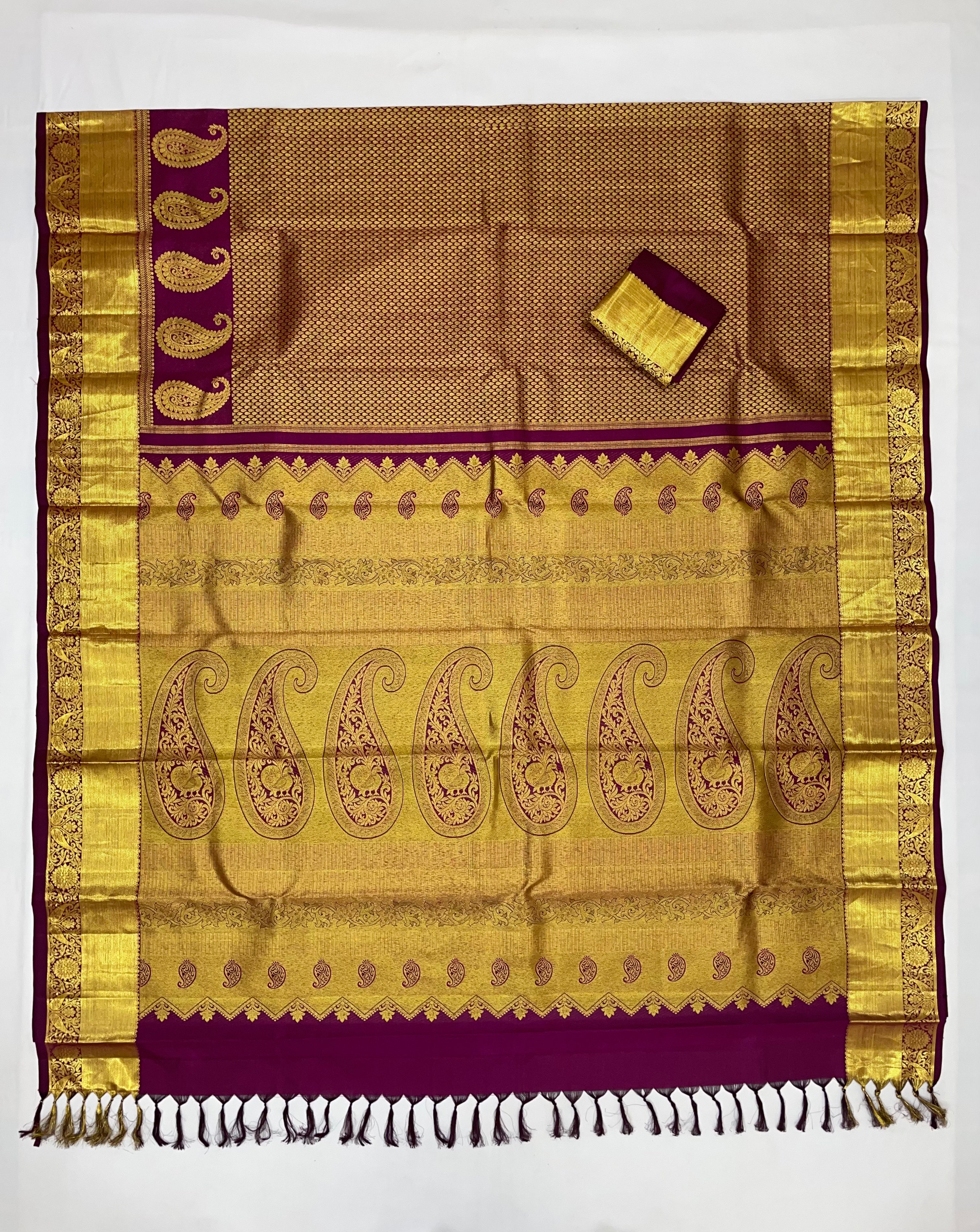 Elegant Dark Purple Pure Kanchi Silk Saree with Gold Zari Work & Tassels for Women | Traditional Indian Bridal & Party Wear | Perfect for Weddings, Festivals & Special Occasions