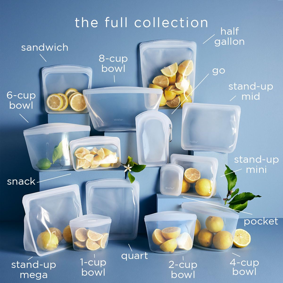 Stasher Premium Silicone Reusable Food Storage Bags 6-Pack (Ocean Blue) | BPA-Free, Leakproof, Dishwasher Safe Eco-Friendly Food Containers | Perfect for Meal Prep, School Lunch, Travel & Camping