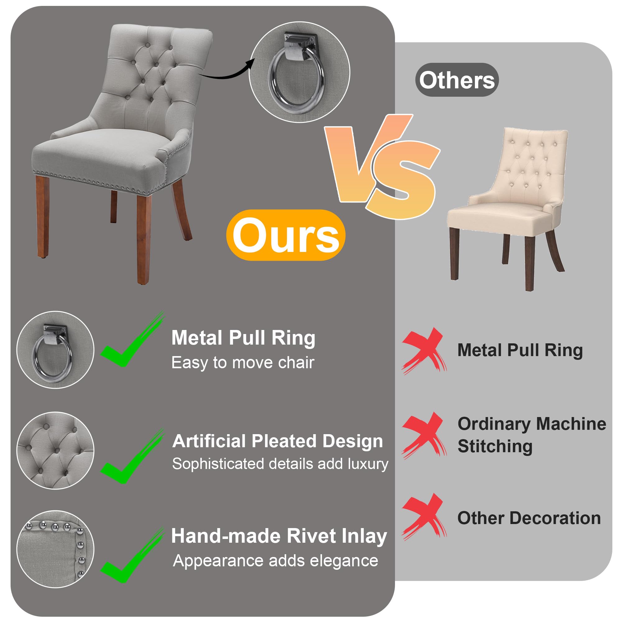 Linen Grey Upholstered Dining Chairs with Arms - Set of 2 Solid Wood Leg Tufted Backrest Modern Kitchen & Dining Room Furniture for Home Decor