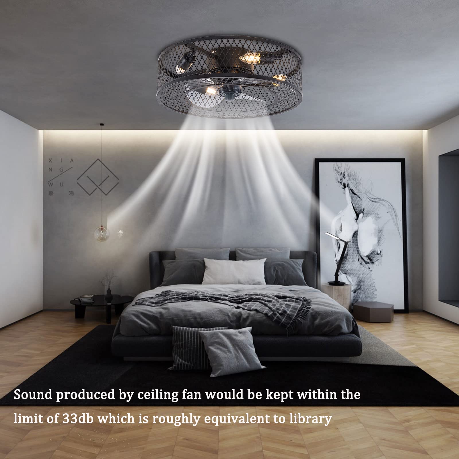 18 Inch Black Iron Caged Ceiling Fan with Light - 3 Speed Adjustable Remote Control, Low Profile Flush Mount Chandelier (4xE27 Bulb Base) - Perfect for Bedroom, Living Room, Kitchen and Office Spaces