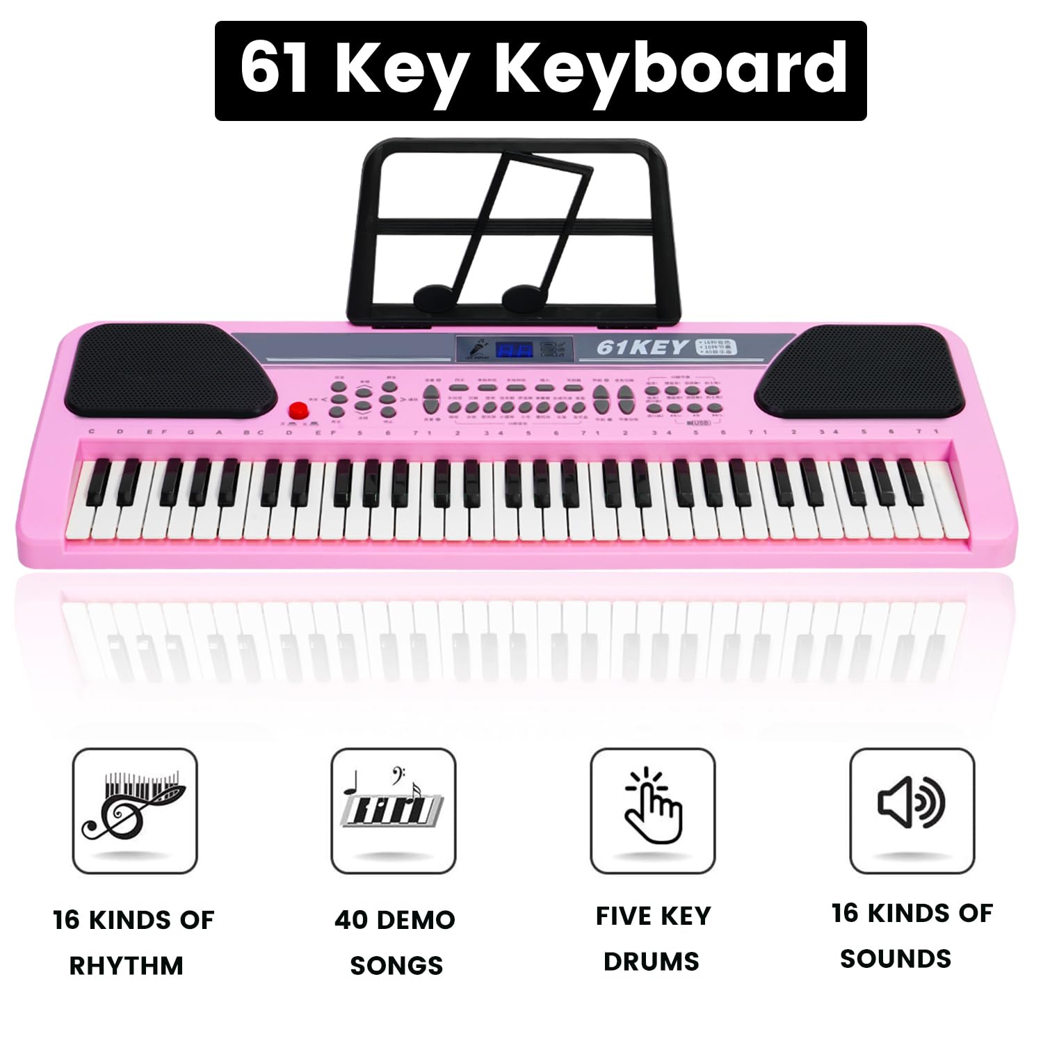 iMeshbean 61-Key Electronic Keyboard Piano - Portable Digital Piano with Built-in Speakers, Stand Included - Perfect for Beginners, Kids & Home Music Practice (Pink)