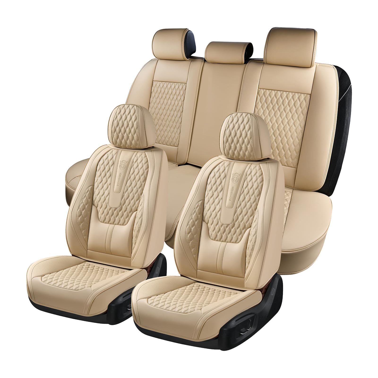 Premium Nappa Leather Car Seat Covers Full Set - Waterproof Universal Fit Seat Protectors with Lumbar Support for Most Cars, SUVs & Trucks (Beige) | Perfect for Daily Commute, Road Trips & Family Protection