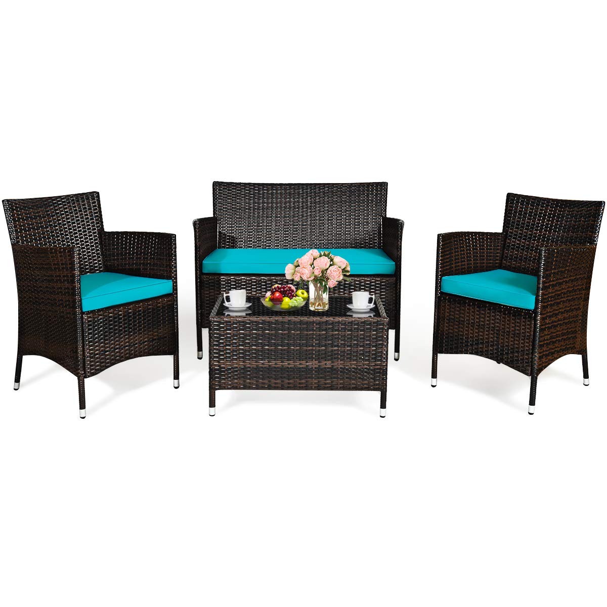 Tangkula 4-Piece Patio Rattan Conversation Set - Outdoor Wicker Furniture with Tempered Glass Coffee Table & Thick Cushions - Perfect for Garden, Lawn, Poolside, Backyard & Outdoor Entertaining